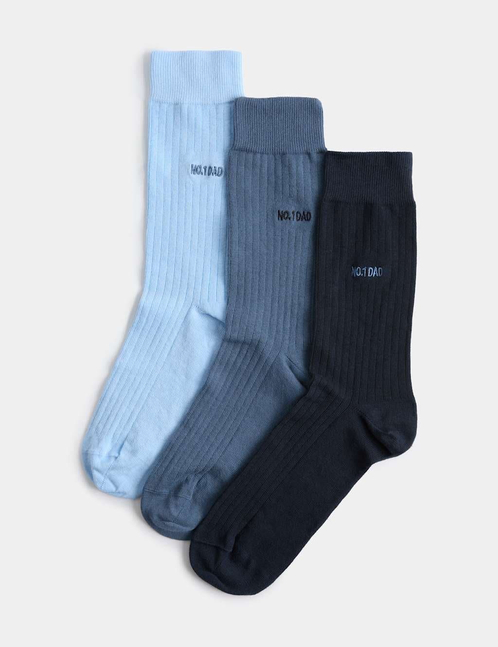 Marks & Spencer M&S 3 Pack No1 Dad Cotton Rich Socks Blue Mix