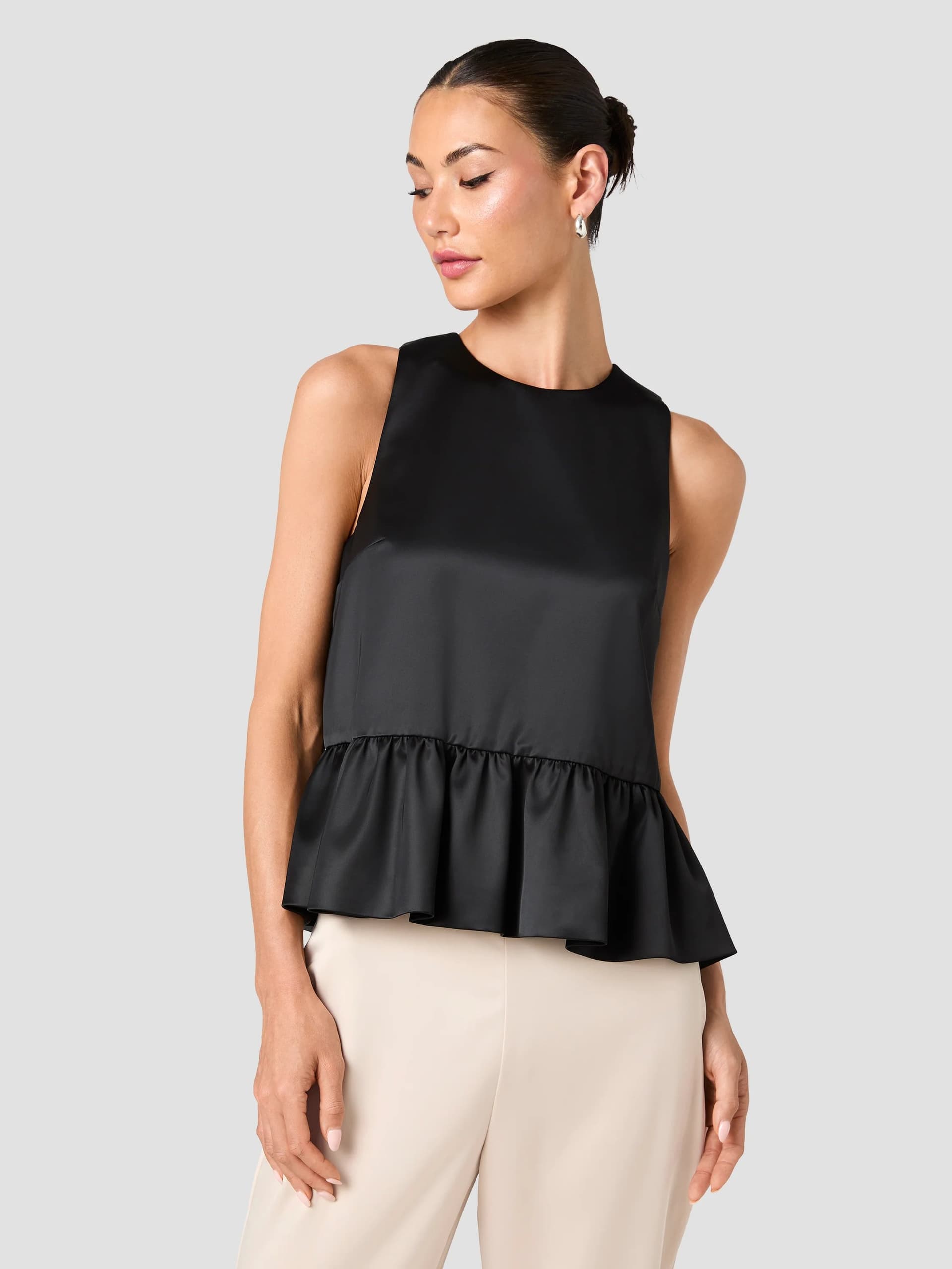 French Connection Carey Black Satin Sleeveless Peplum Top Black