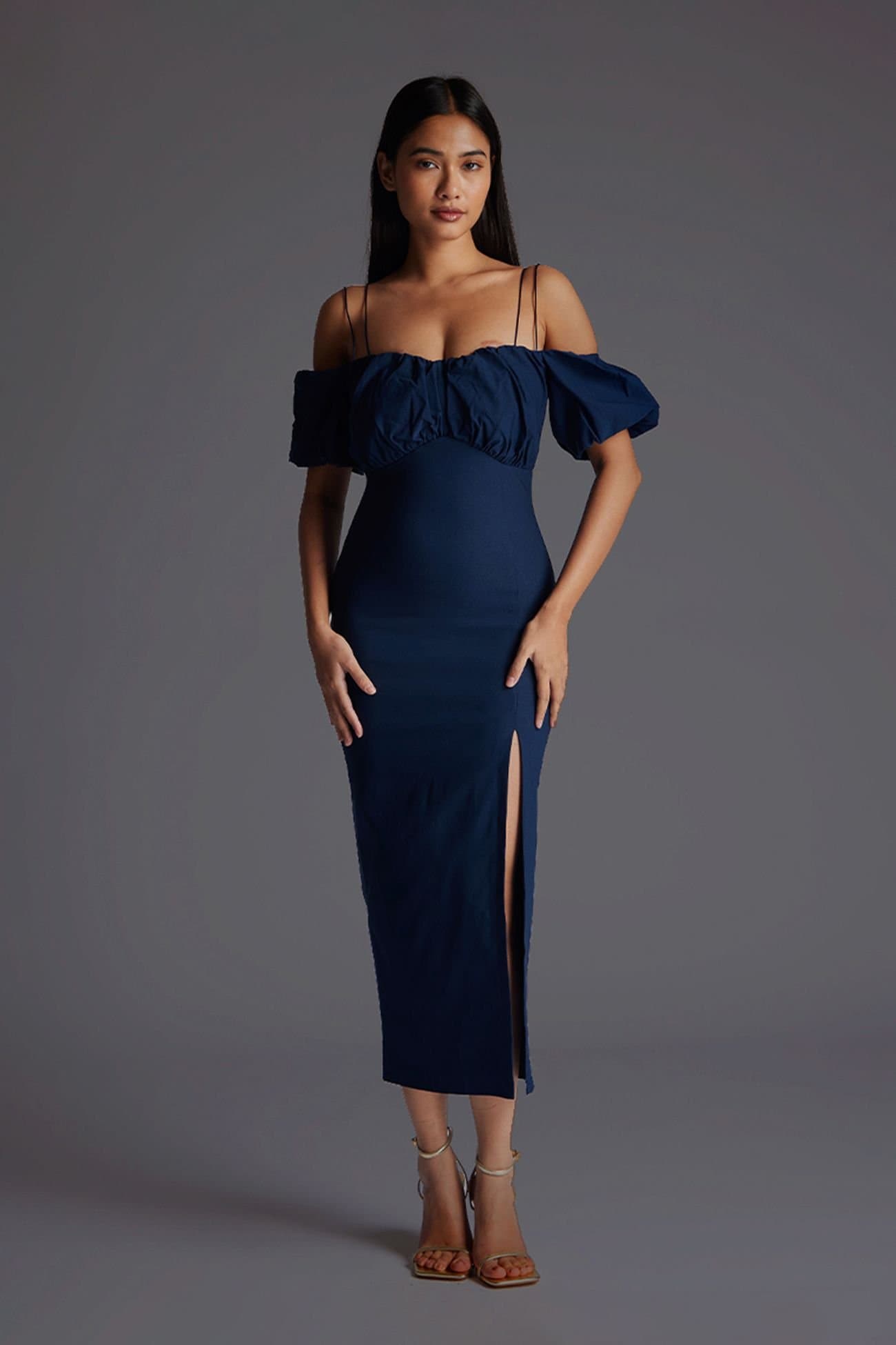 Vesper Vesper Women's Off Shoulder Midaxi Dress with Thigh Split in Navy