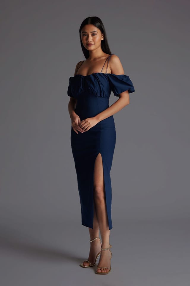 Vesper Vesper Women's Off Shoulder Midaxi Dress with Thigh Split in Navy - 2