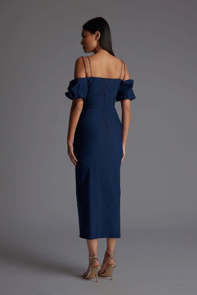 Vesper Vesper Women's Off Shoulder Midaxi Dress with Thigh Split in Navy - 3