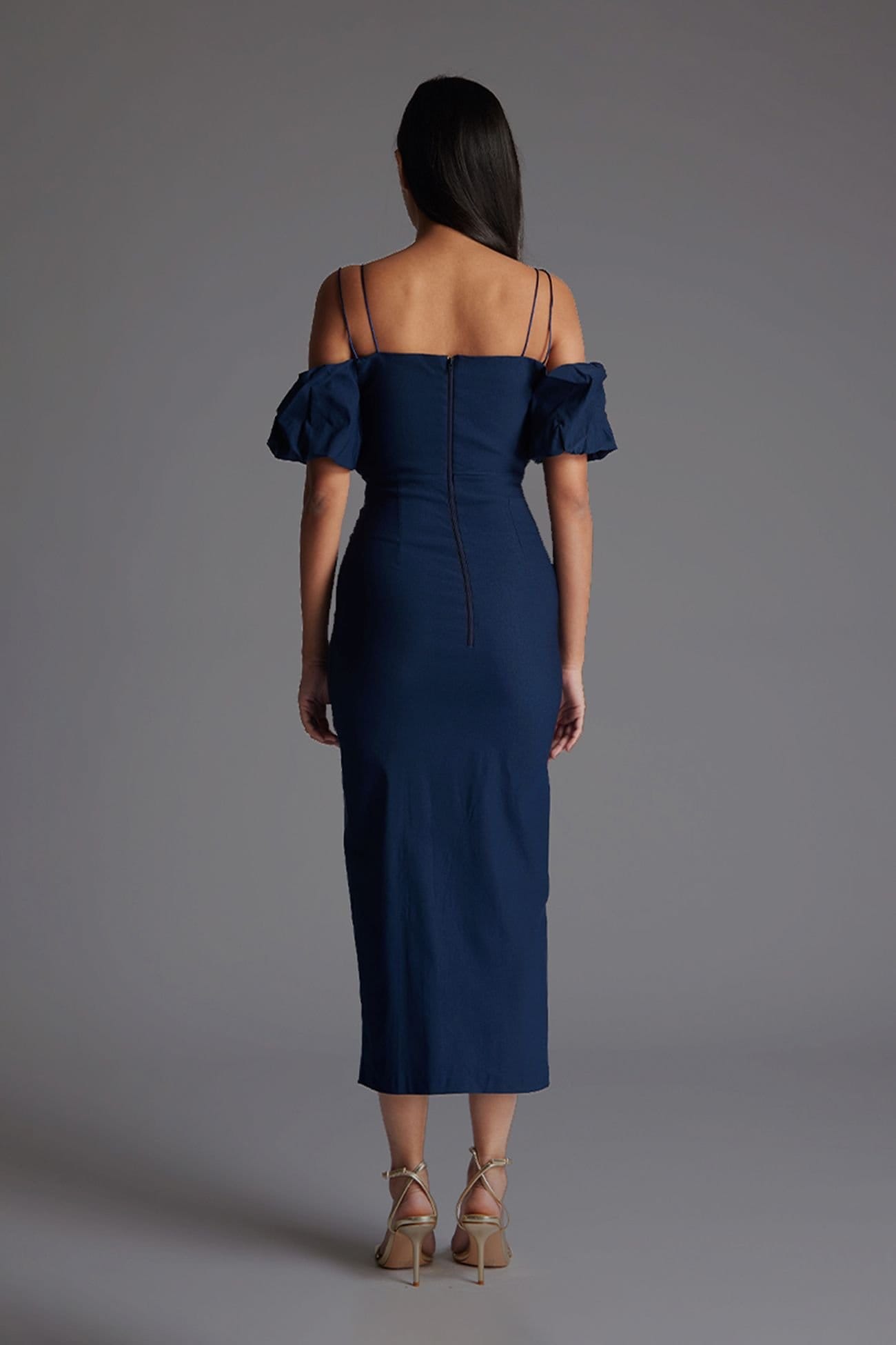 Vesper Vesper Women's Off Shoulder Midaxi Dress with Thigh Split in Navy - 4