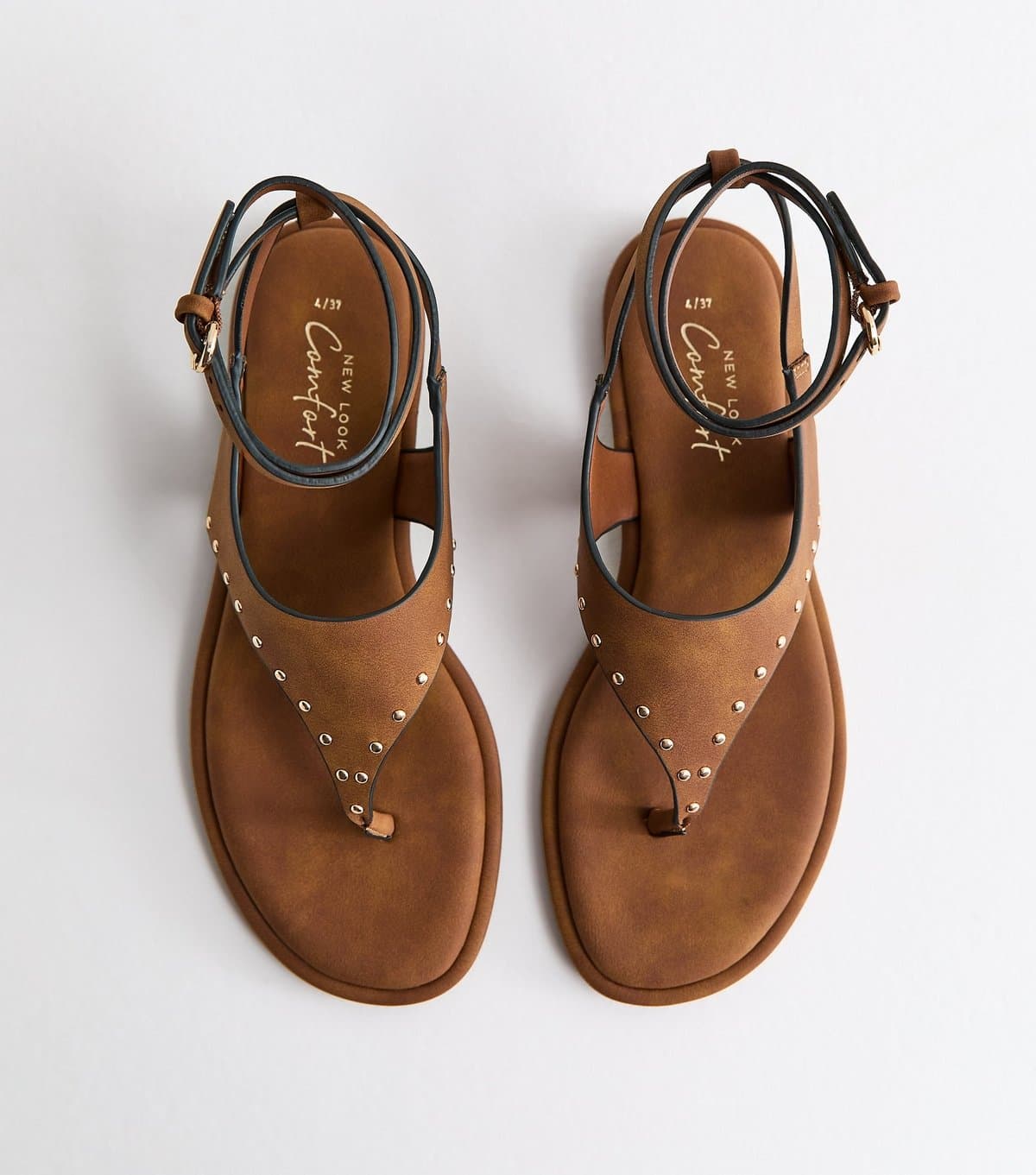 New Look Women's Tan Faux Suede Studded Toe Post Flat Sandals Vegan New Look