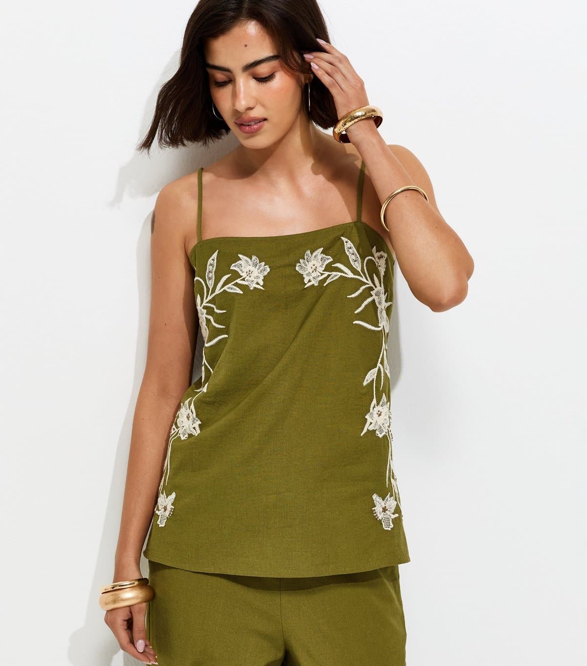 New Look Women's Khaki Floral Tie Side Cami Top New Look