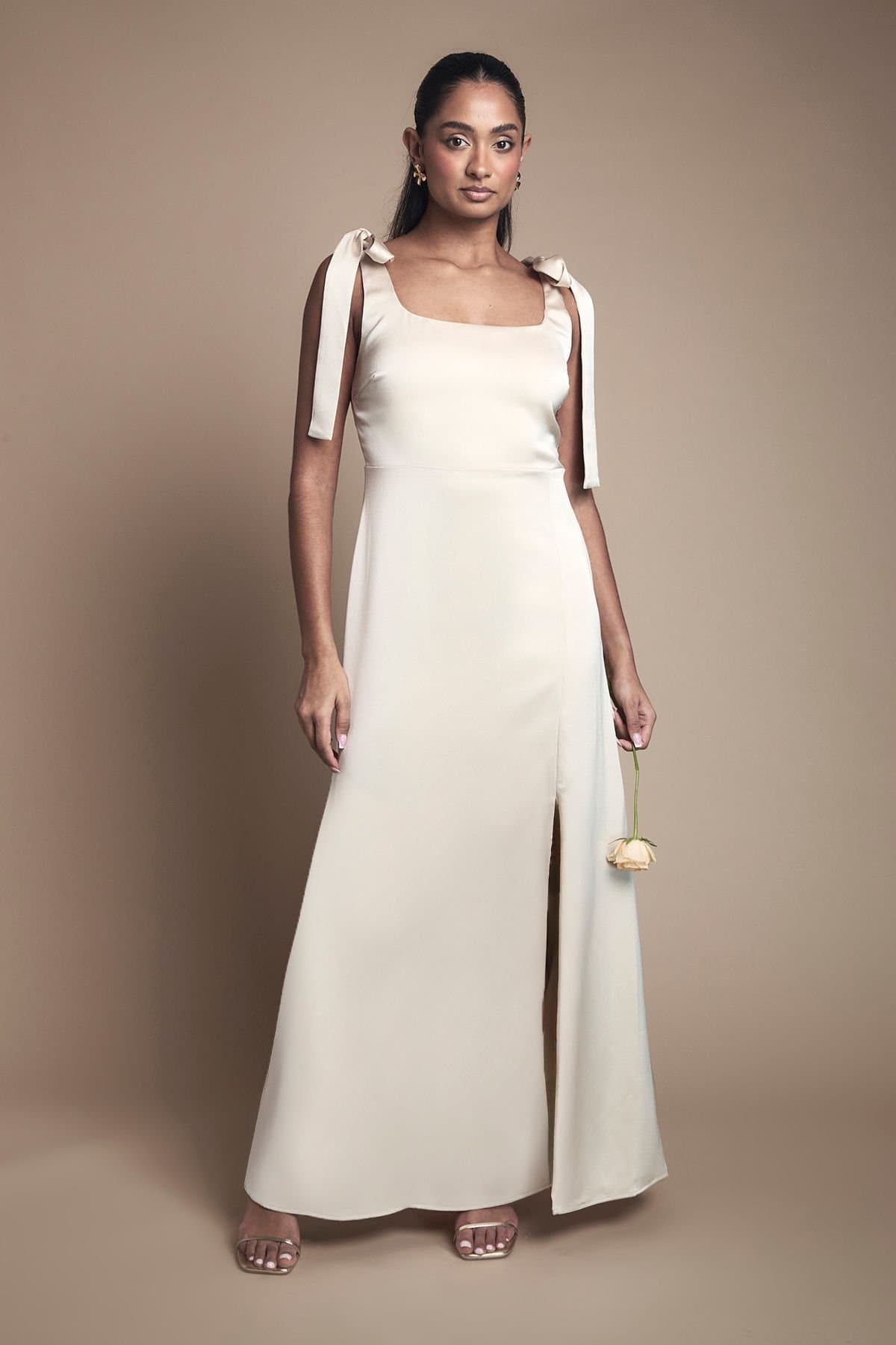 Oasis Oasis Women's Champagne Satin Tie Shoulder Midi Bridesmaid Dress