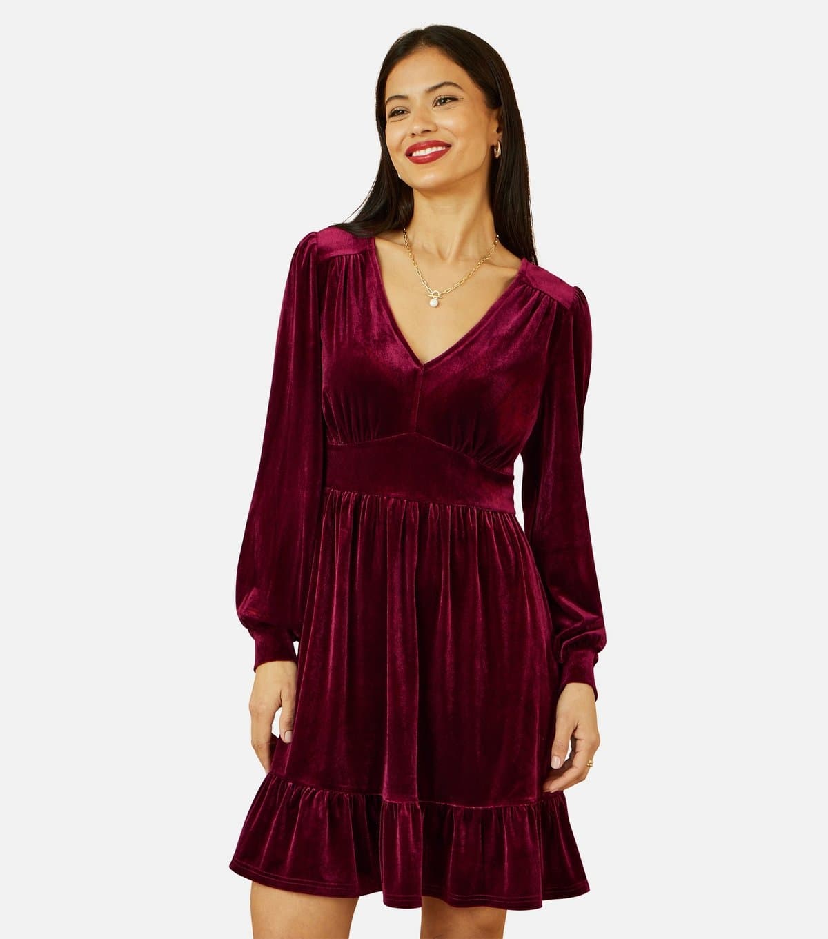 Yumi Women's Burgundy Velvet Long Sleeve Skater Dress Yumi New Look