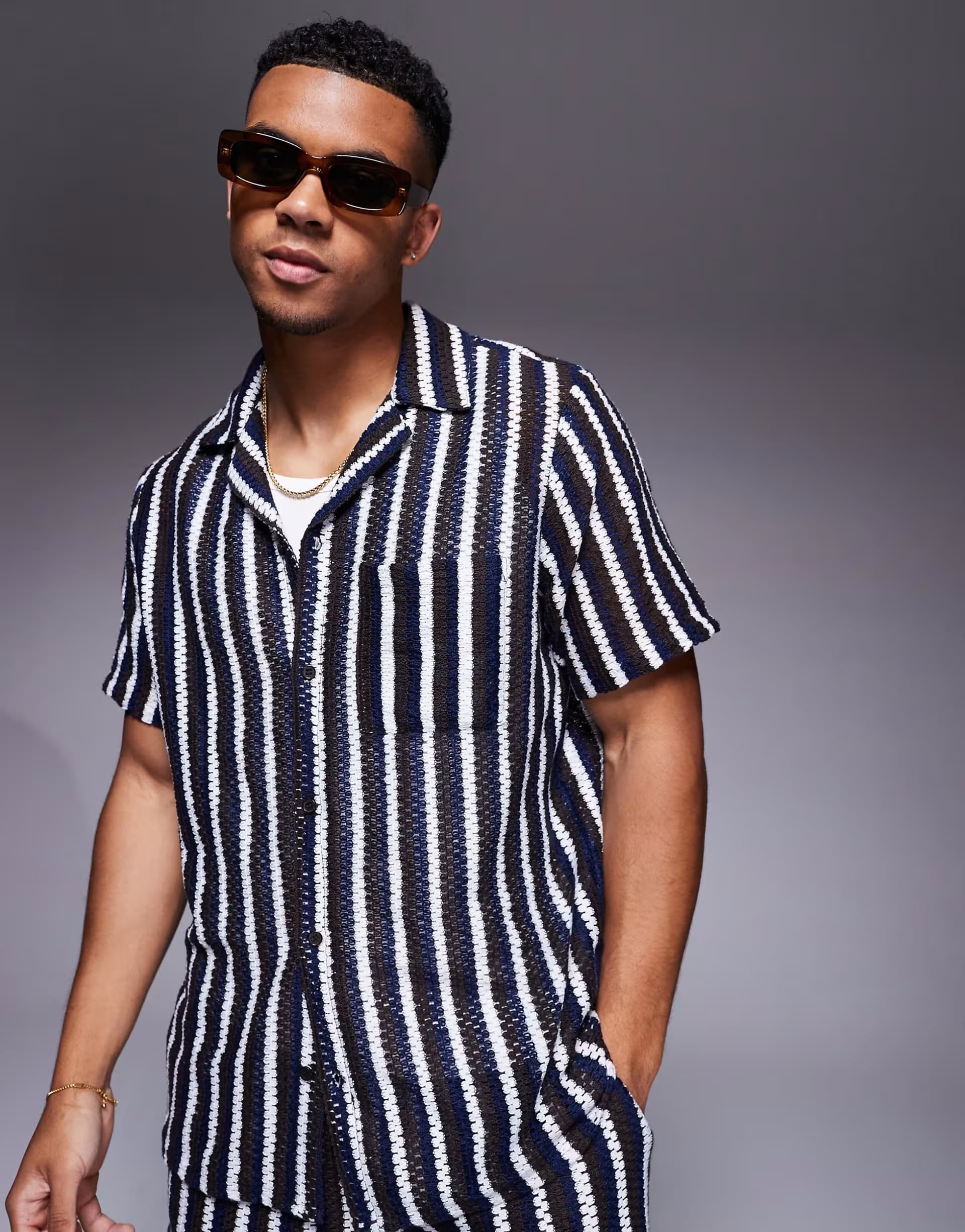 ASOS South Beach revere knitted beach shirt in black and white stripe