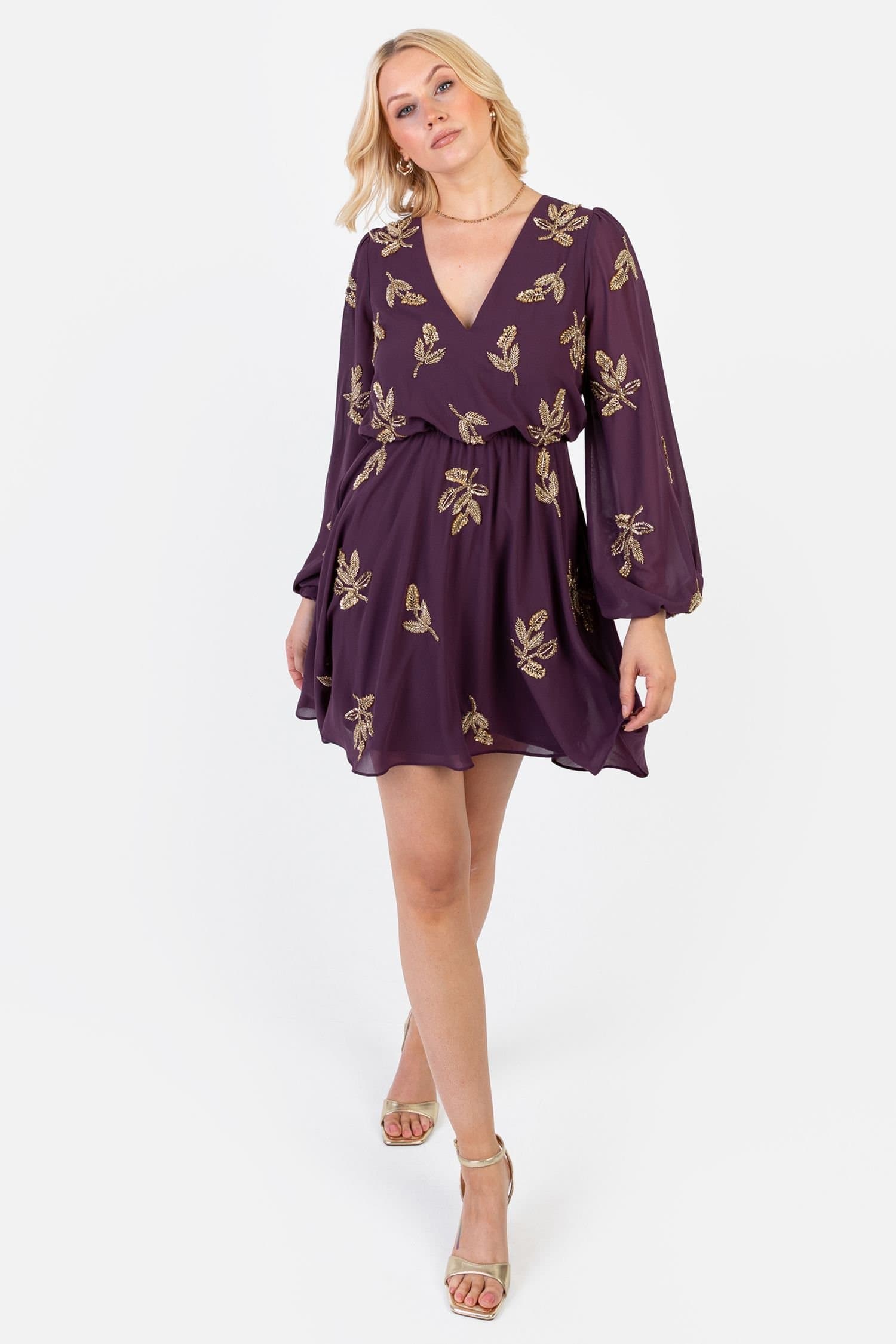 Maya Deluxe Maya Deluxe Women's Embellished Long Sleeve V Neck Mini Dress in Grape