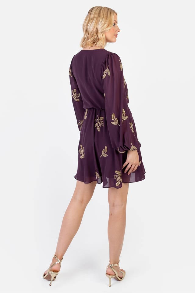 Maya Deluxe Maya Deluxe Women's Embellished Long Sleeve V Neck Mini Dress in Grape - 2
