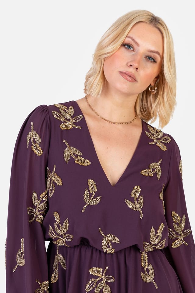 Maya Deluxe Maya Deluxe Women's Embellished Long Sleeve V Neck Mini Dress in Grape - 3