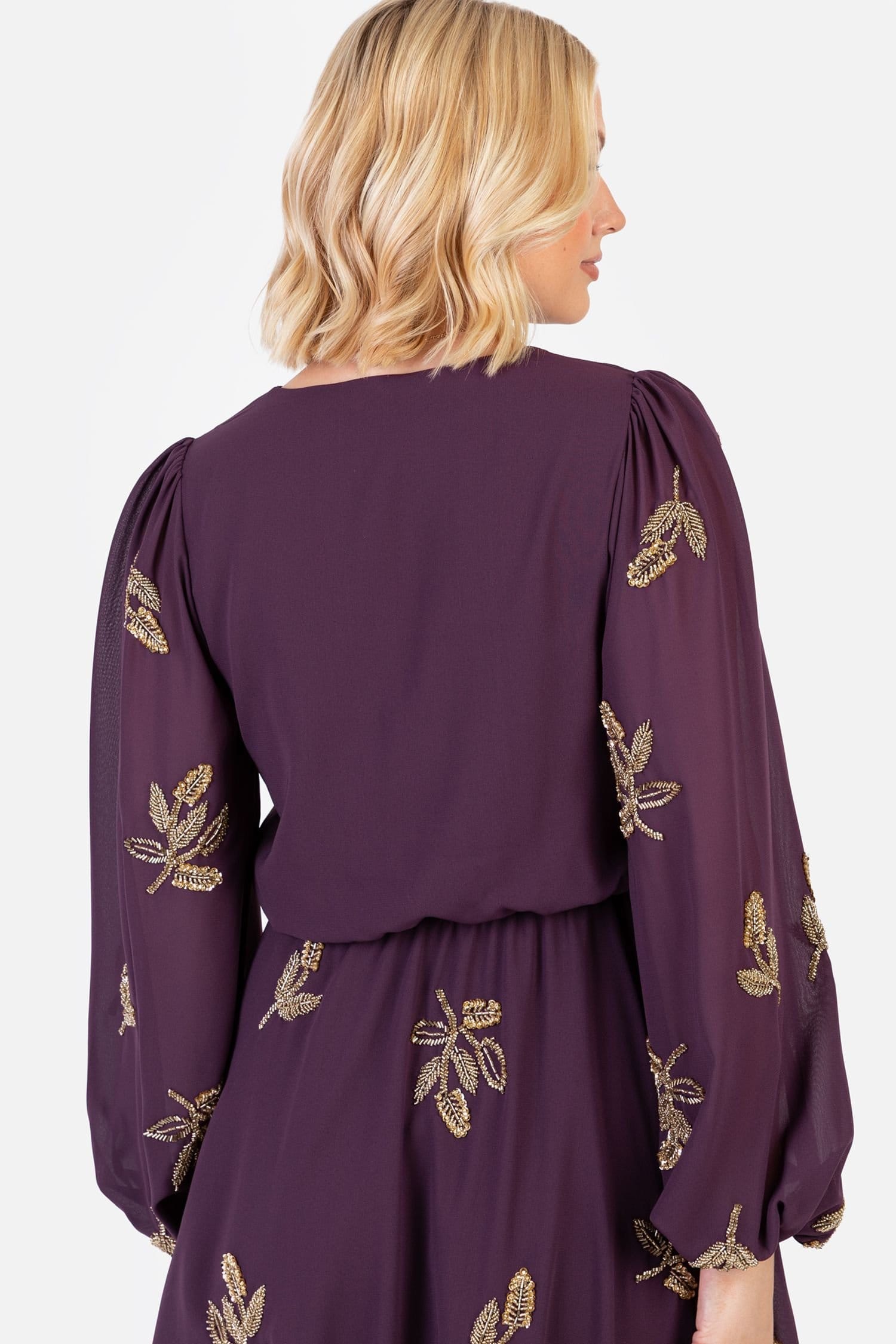 Maya Deluxe Maya Deluxe Women's Embellished Long Sleeve V Neck Mini Dress in Grape - 4