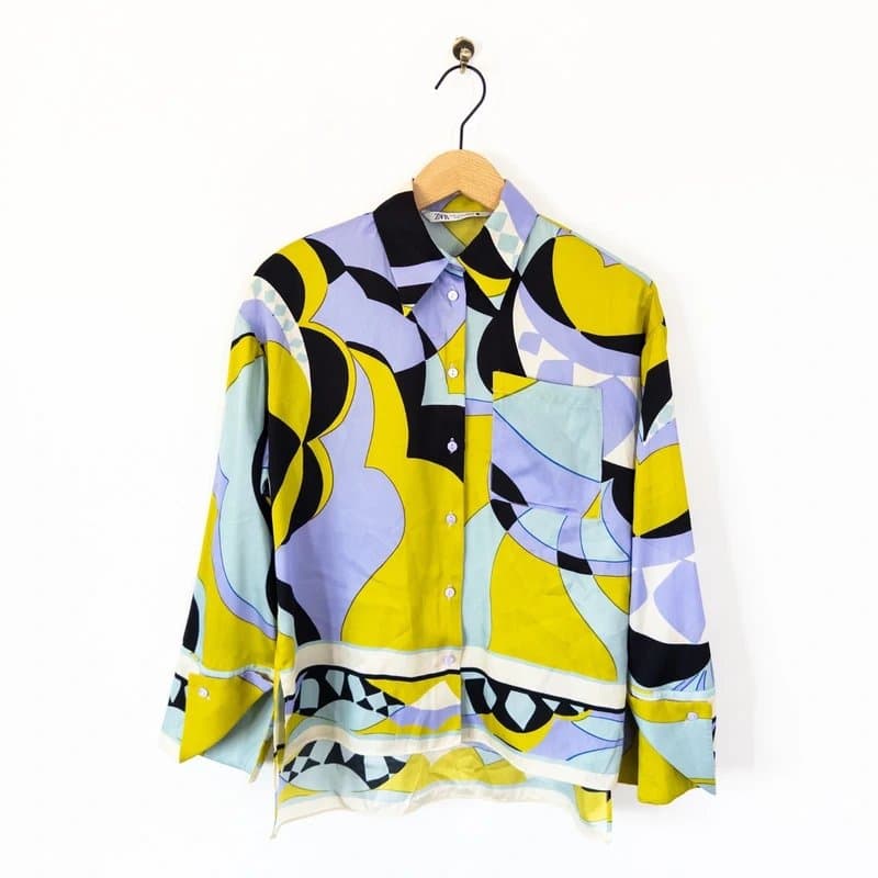 Zara Zara Oversized Satin Printed Shirt Size S Boxy Side Sleeve Retro