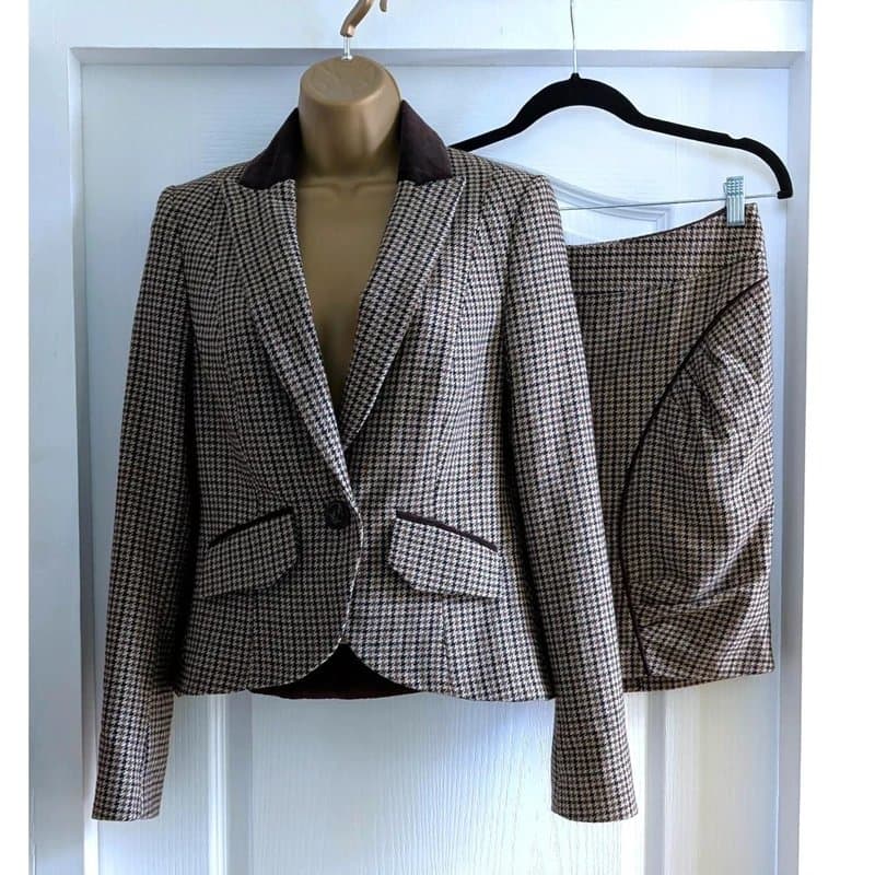 Next Next Brown Checked Retro 2 Piece Skirt Suit Size 10