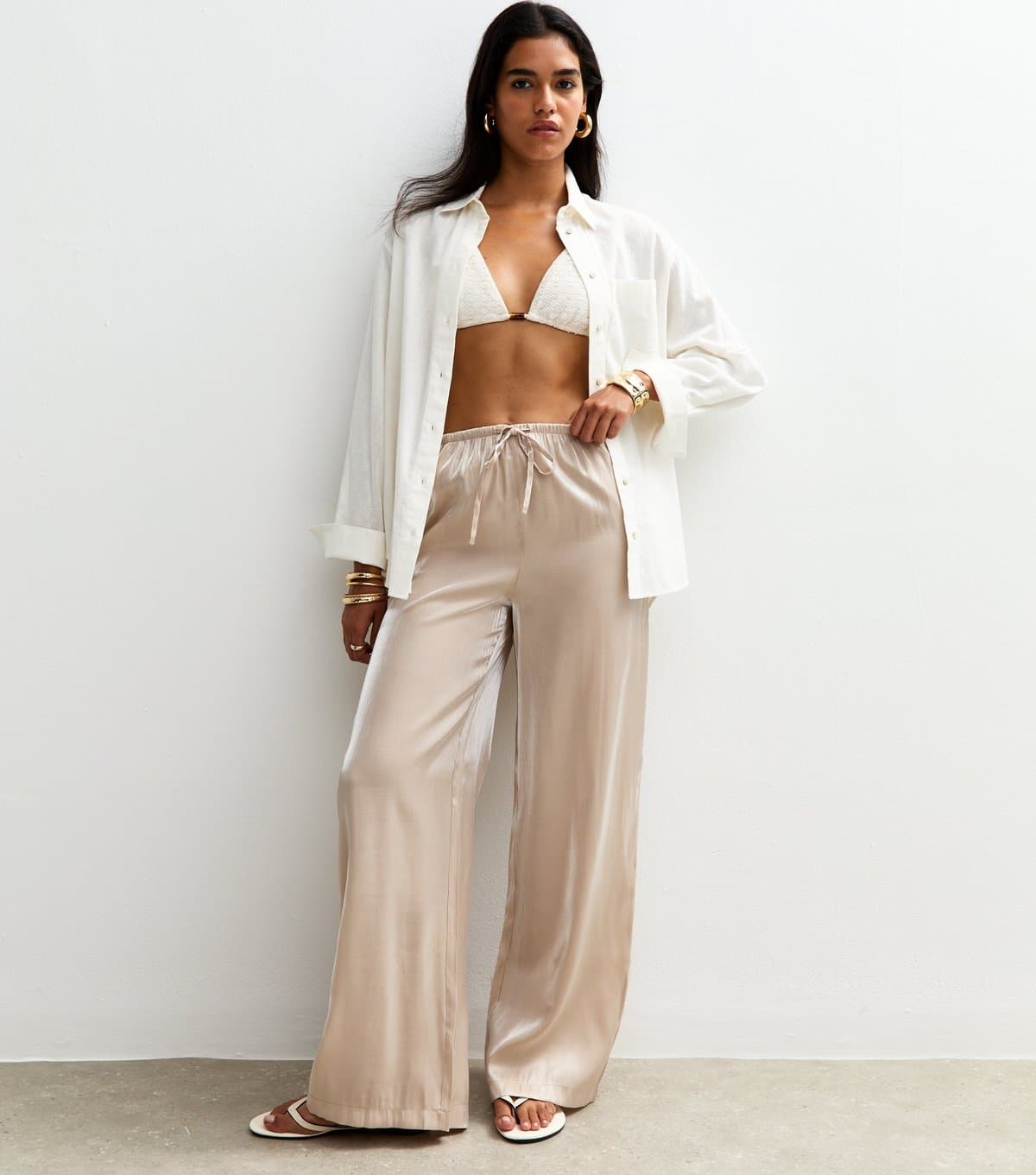 New Look Women's Cream Shimmer Satin Wide Leg Trousers New Look