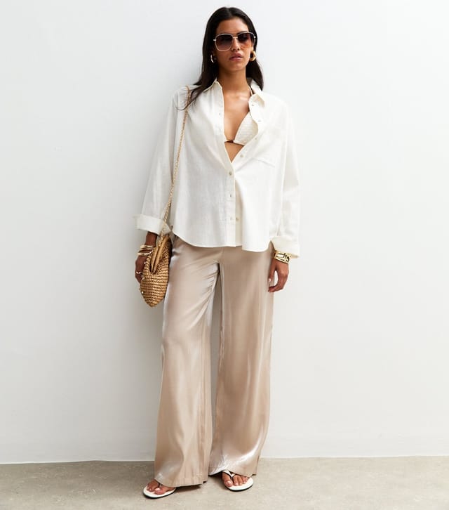 New Look Women's Cream Shimmer Satin Wide Leg Trousers New Look - 2