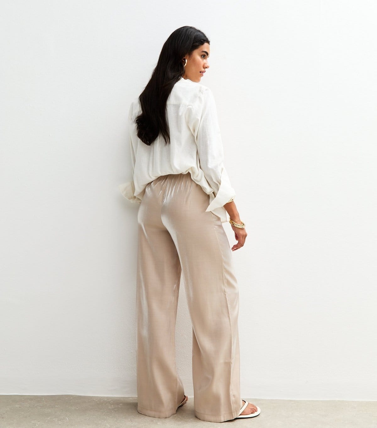 New Look Women's Cream Shimmer Satin Wide Leg Trousers New Look - 4