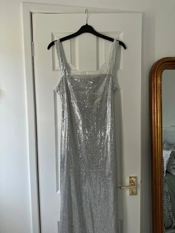 Silver Never worn silver sequins evening maxi dress