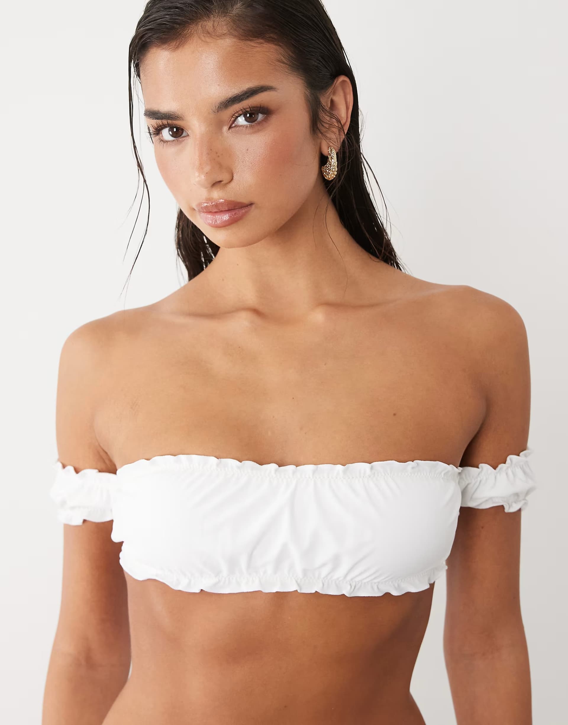 ASOS The Frolic exclusive frill ruched off shoulder bikini top co-ord in white