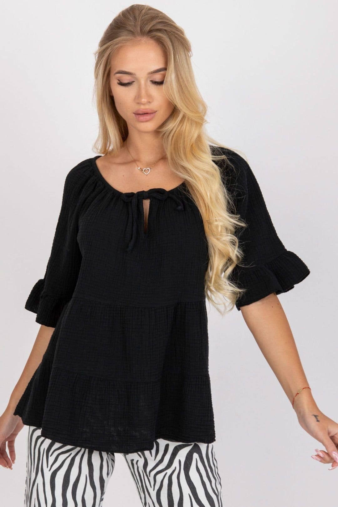 Love Lace Black Loose Fit Blouse With Ruffle Sleeves