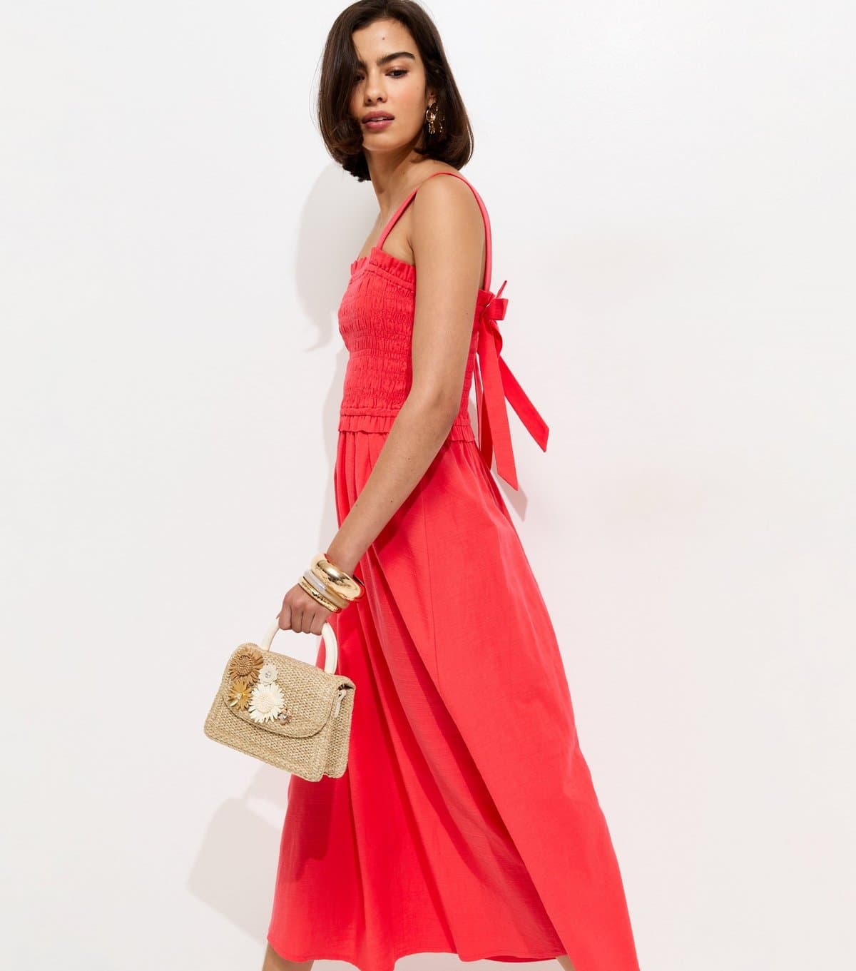 New Look Women's Dark Coral Cotton Shirred Bow Strap Midi Dress New Look