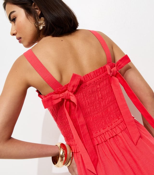 New Look Women's Dark Coral Cotton Shirred Bow Strap Midi Dress New Look - 2