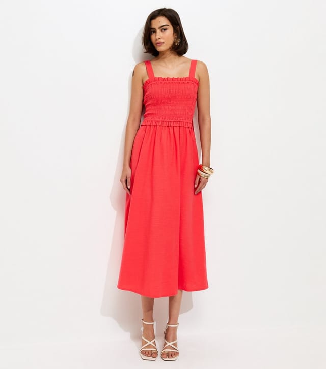 New Look Women's Dark Coral Cotton Shirred Bow Strap Midi Dress New Look - 3