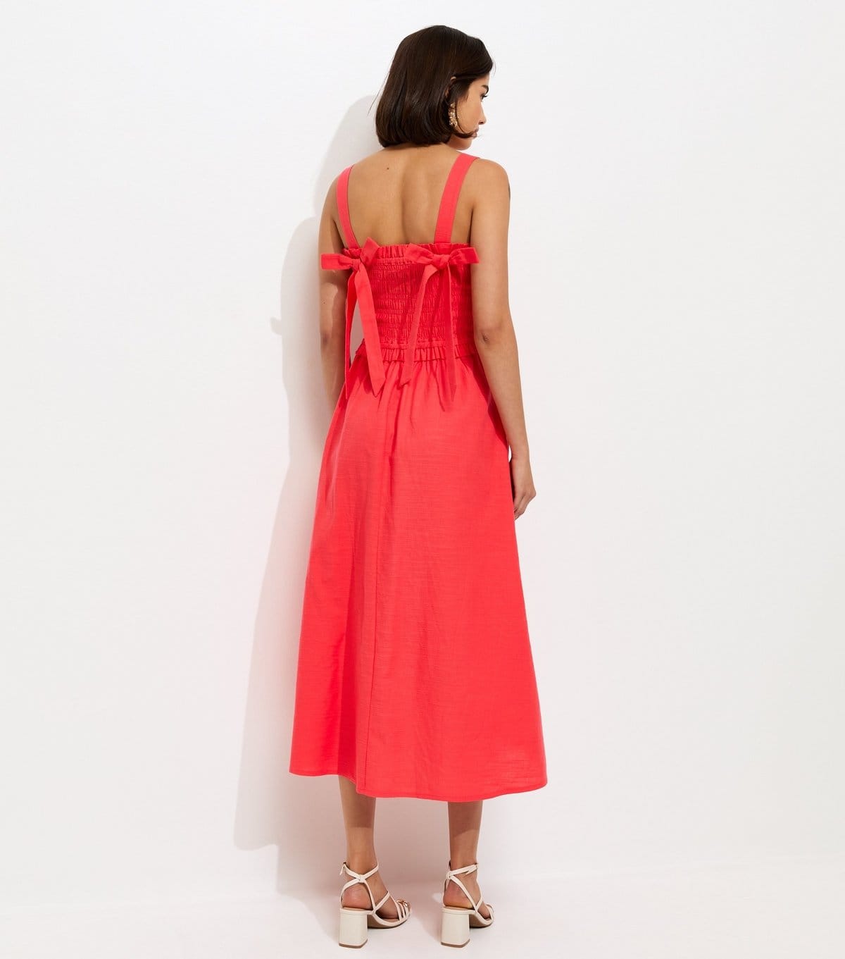 New Look Women's Dark Coral Cotton Shirred Bow Strap Midi Dress New Look - 4