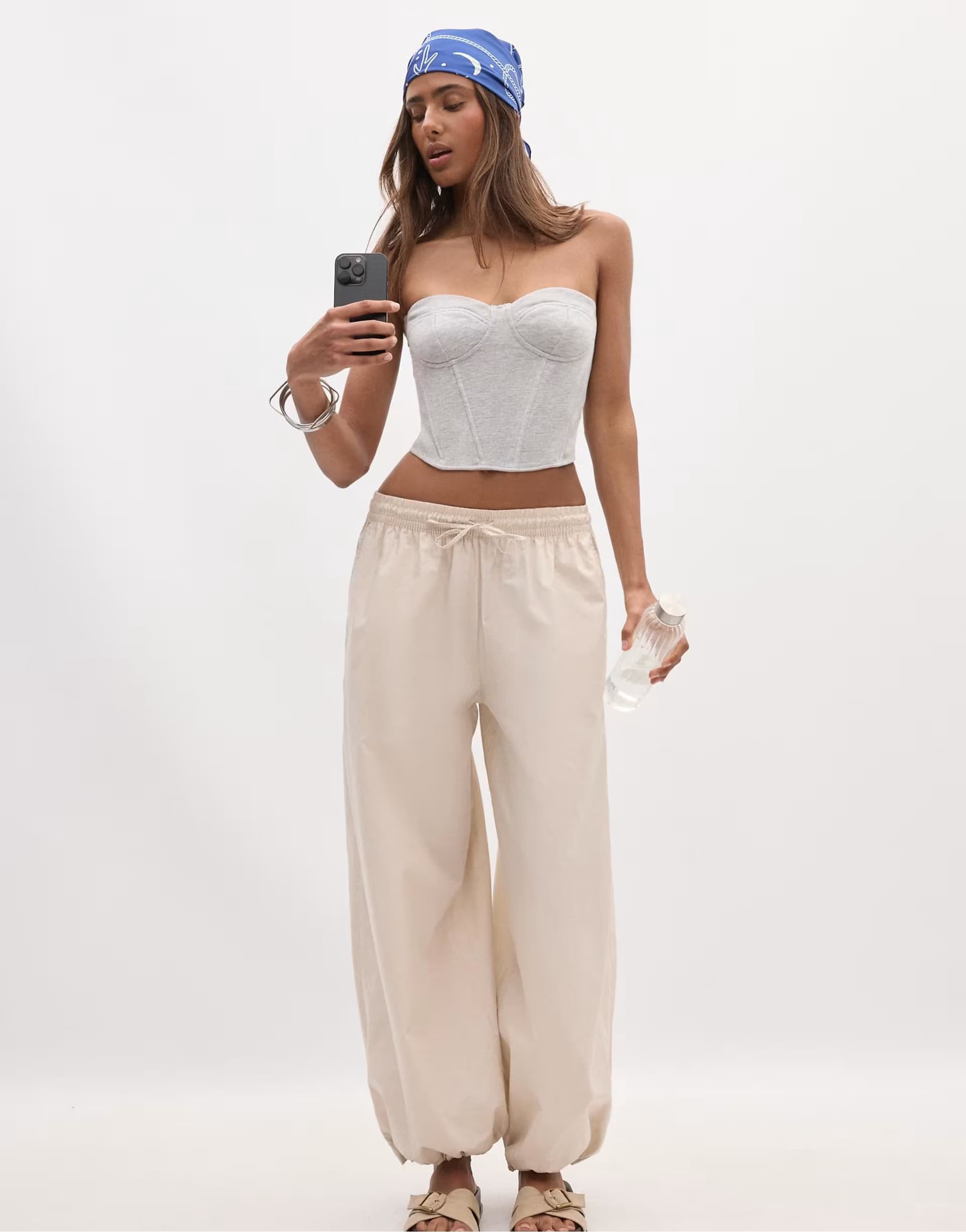 ASOS Stradivarius Balloon poplin trousers with stoppers in stone