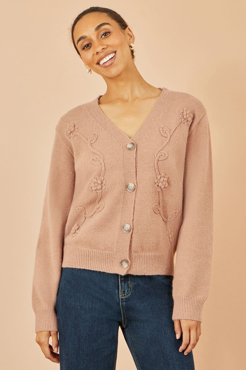 Yumi Yumi Women's Rose Floral Embroidered Relaxed Fit Cardigan in Dusty Pink