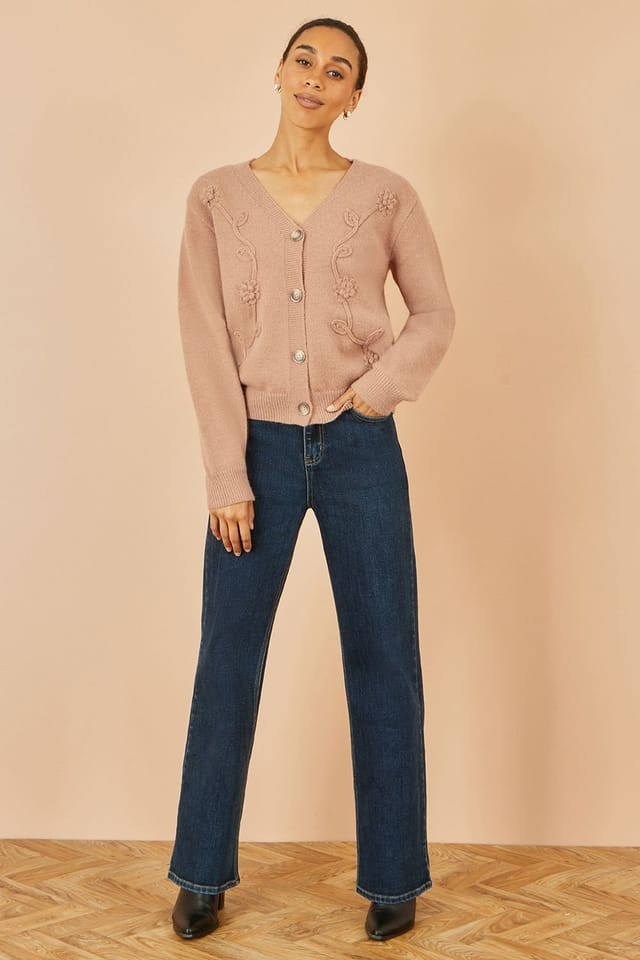 Yumi Yumi Women's Rose Floral Embroidered Relaxed Fit Cardigan in Dusty Pink - 3