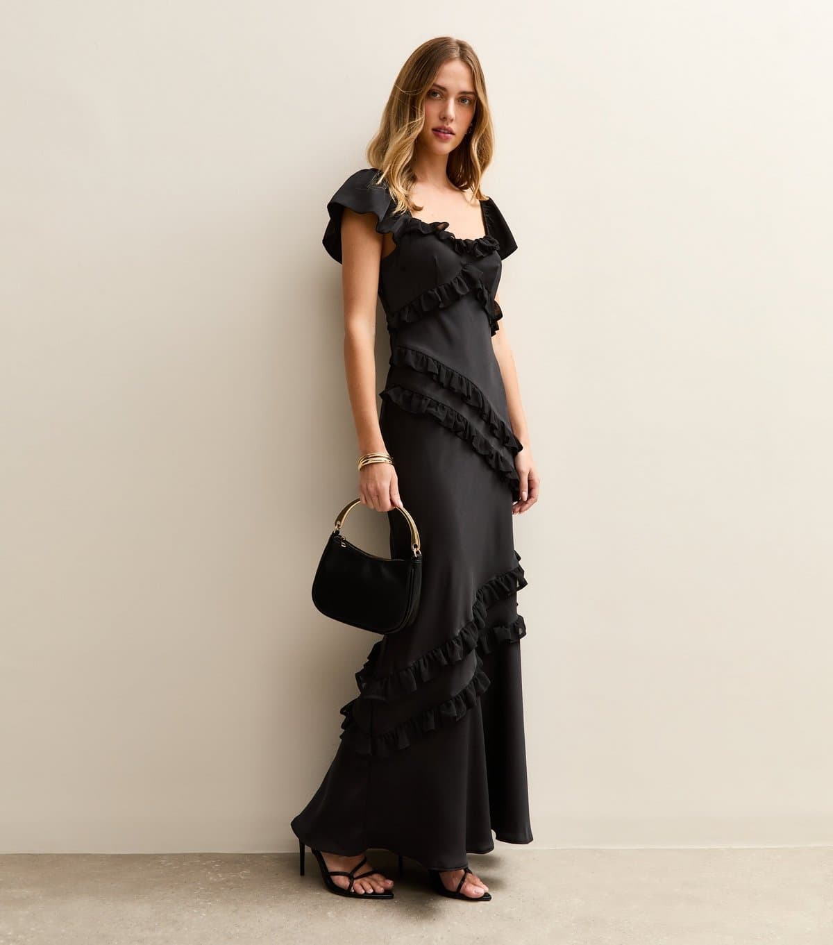 New Look Women's Black Satin Ruffled Trim Midi Dress New Look
