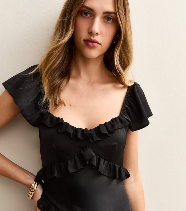 New Look Women's Black Satin Ruffled Trim Midi Dress New Look - 2