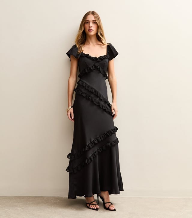 New Look Women's Black Satin Ruffled Trim Midi Dress New Look - 3