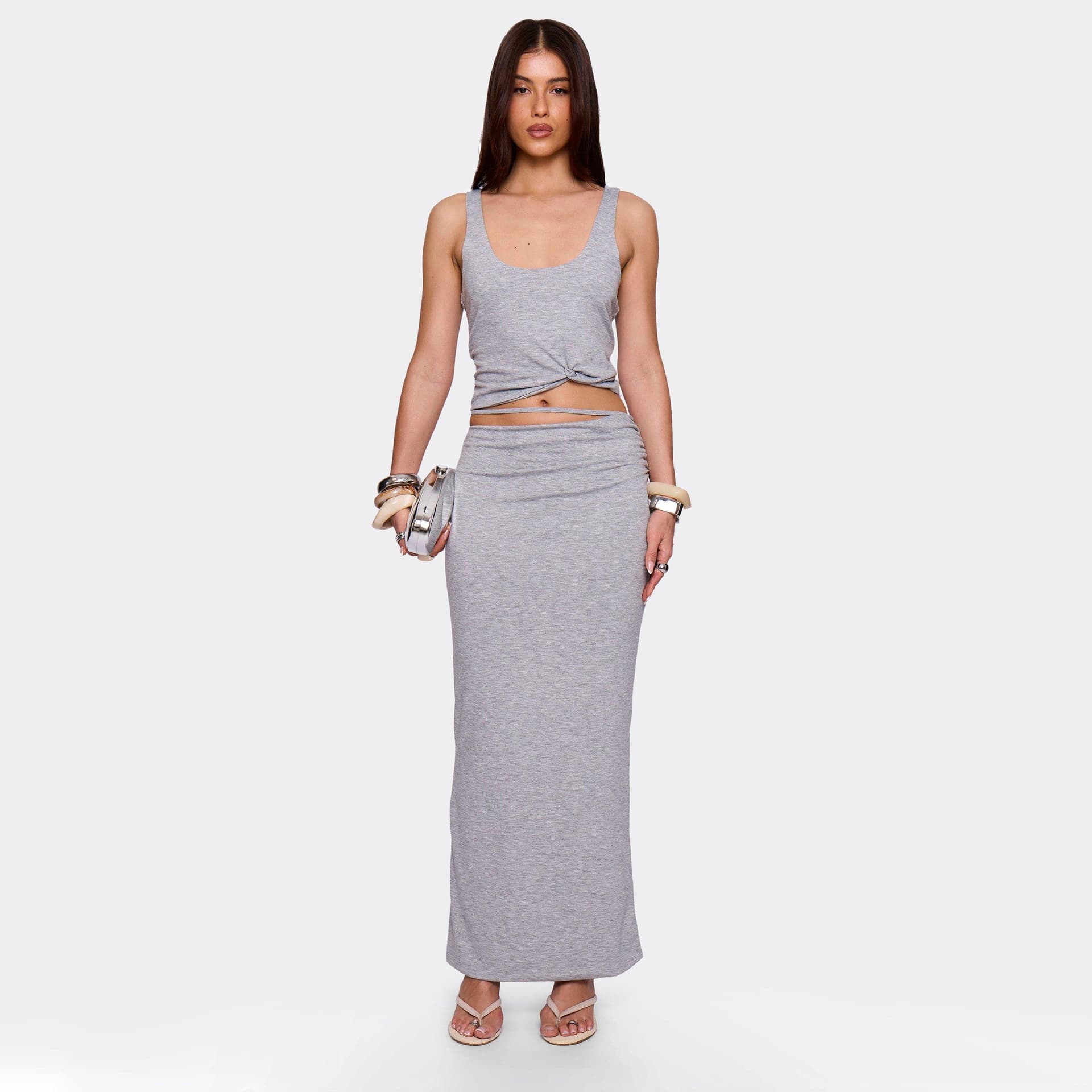 EGO Strappy Waist Maxi Skirt In Grey Marl, Women's Size UK L