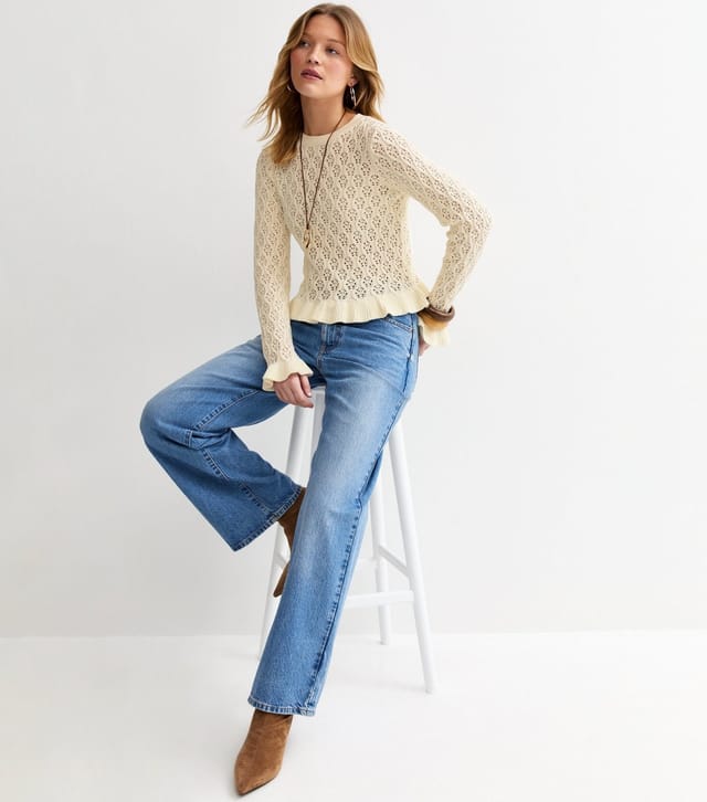 New Look Women's Cream Cotton Rich Pointelle Frill Trim Jumper New Look - 3