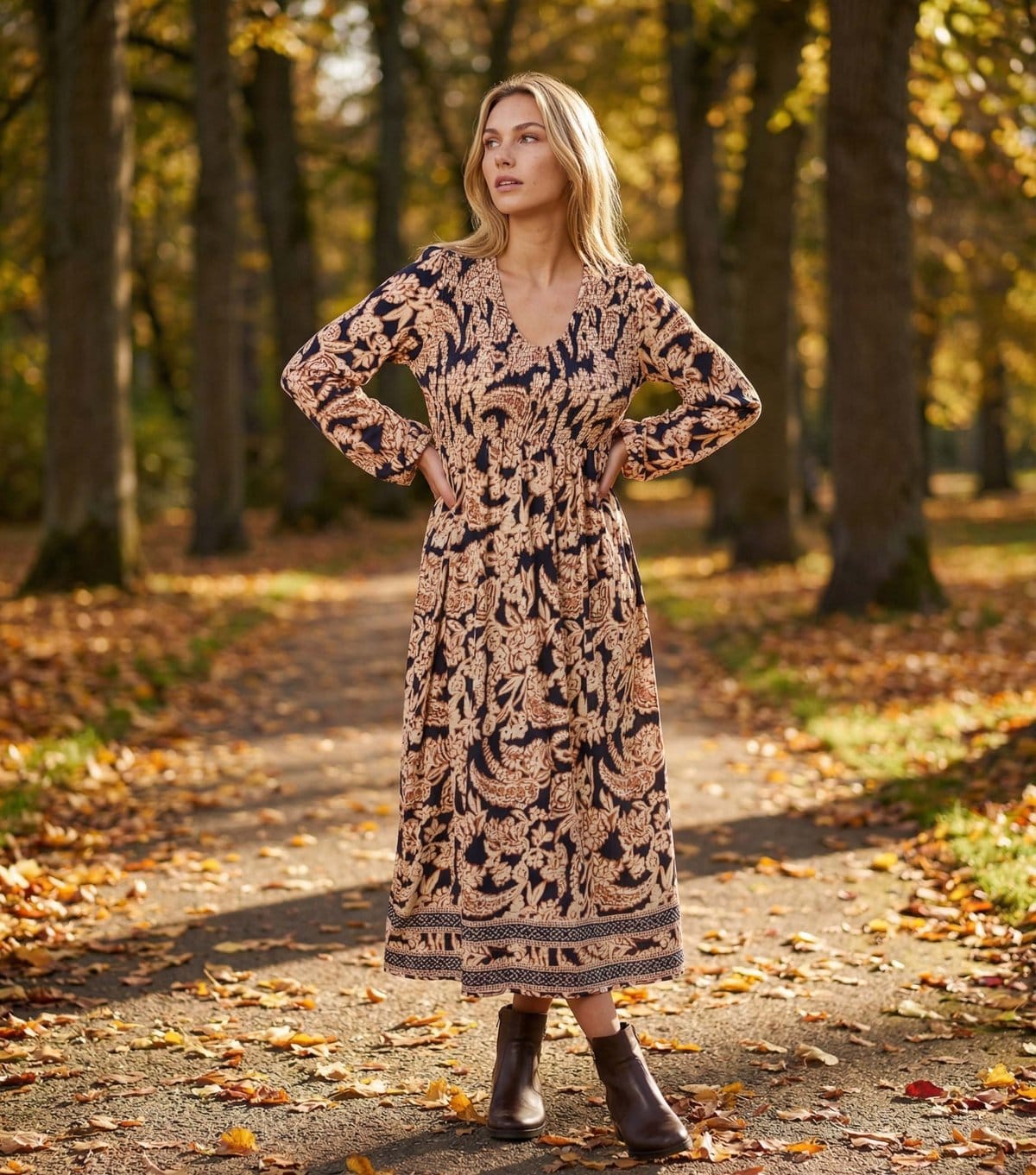 Blue Vanilla Navy Boho Floral Midi Dress