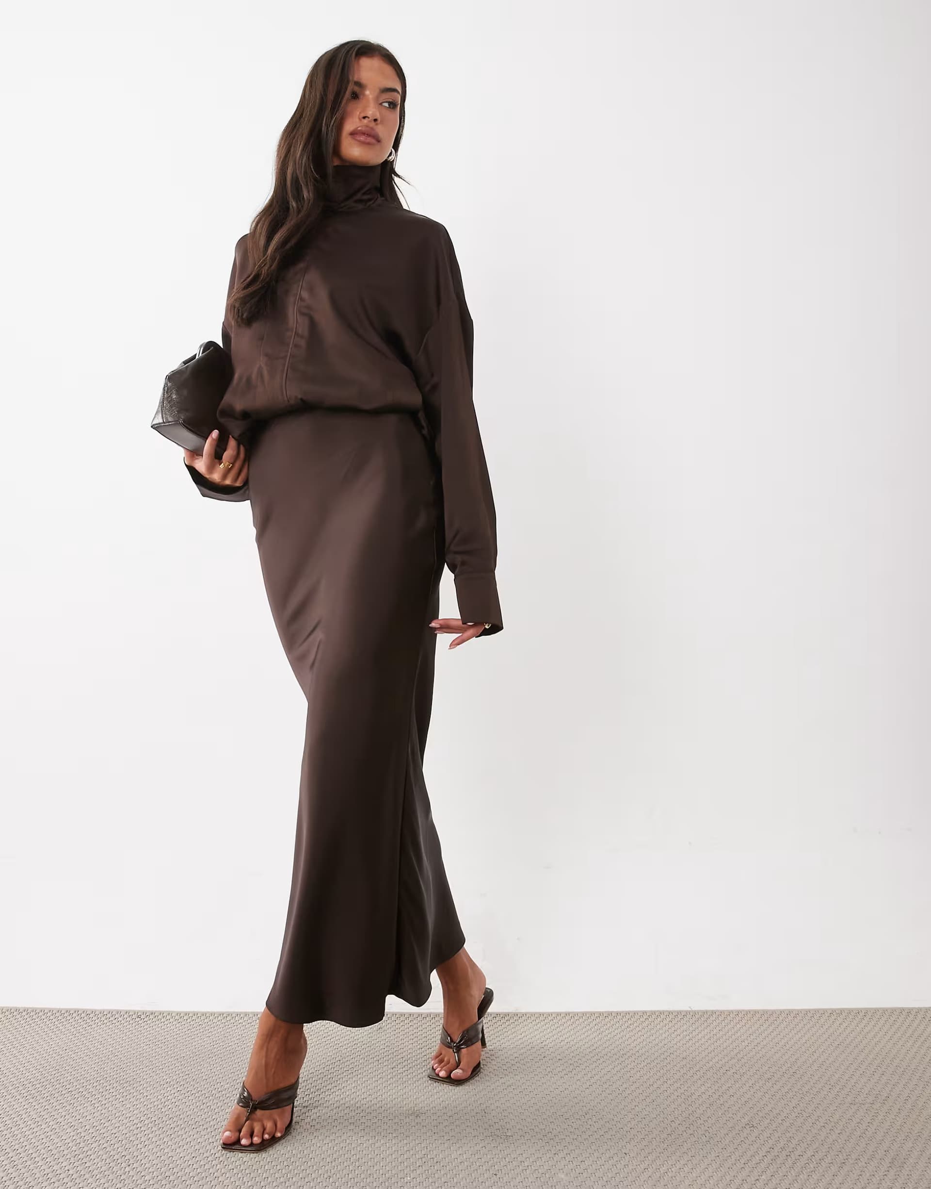 ASOS Kaiia exclusive satin funnel neck balloon hem bomber jacket and skirt in chocolate