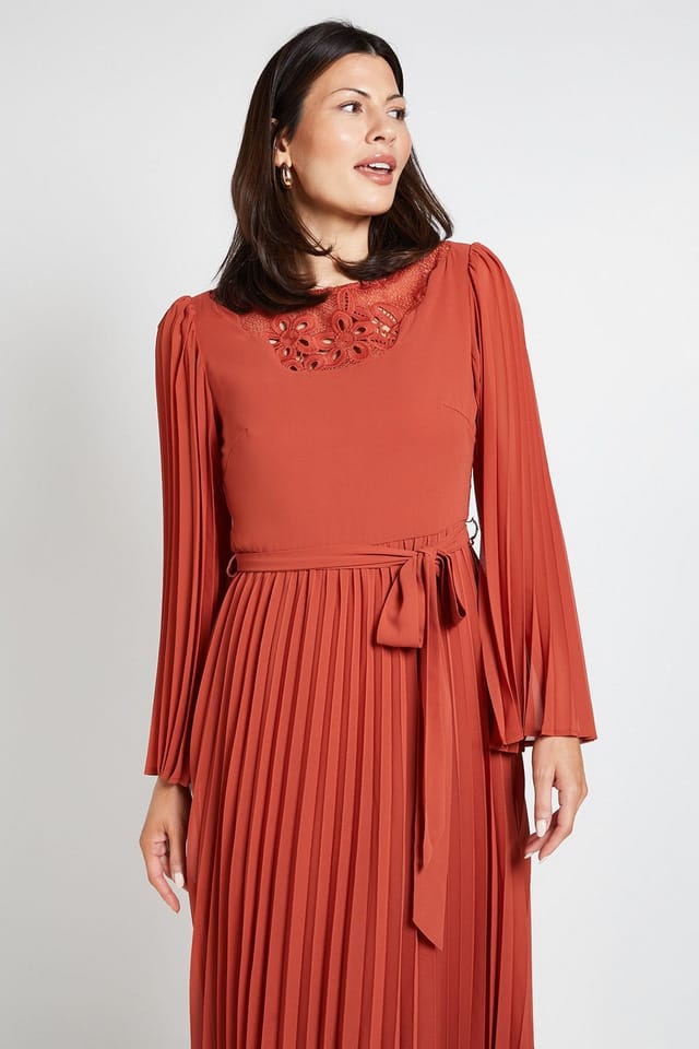 Wallis Wallis Women's Pleated Floral Trim Midi Dress in Terracotta - 2