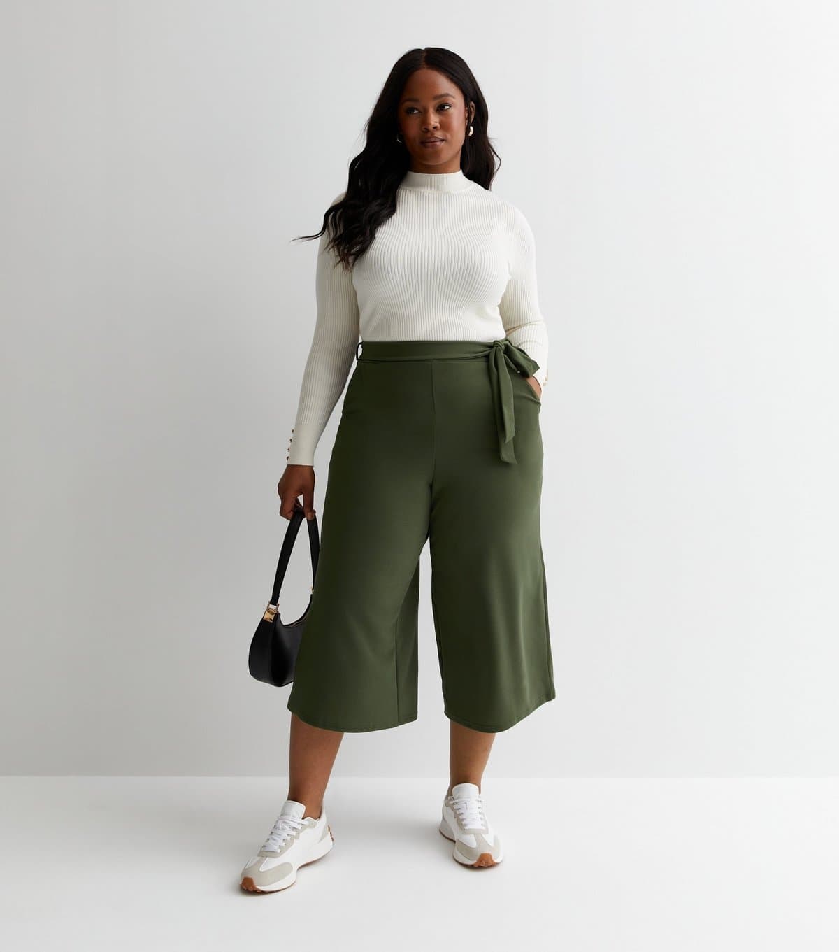 New Look Women's Plus Size Khaki Belted Crop Wide Leg Trousers Curves New Look