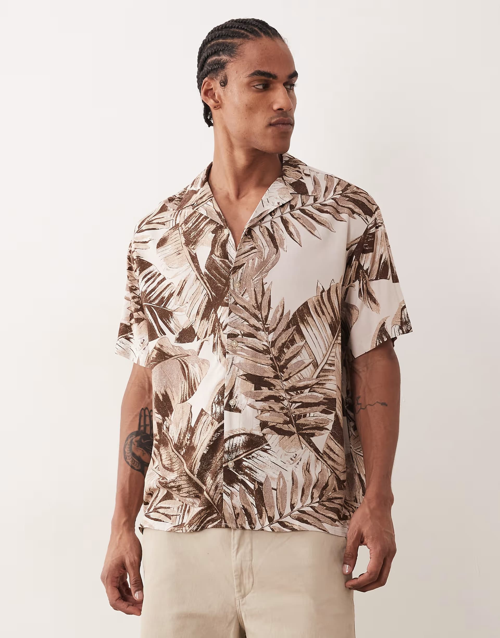 ASOS Jack & Jones Jeff short sleeve shirt with palm tree print in brown