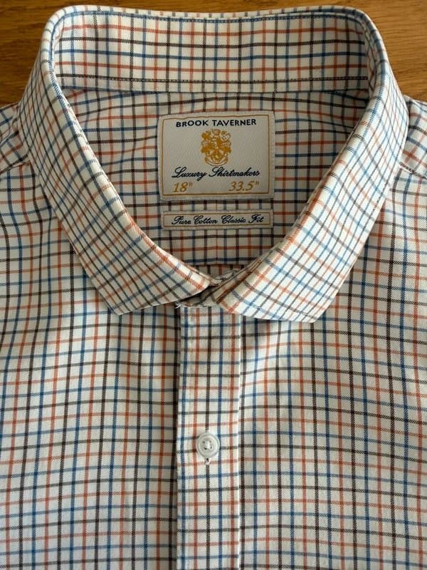 Brook Taverner Cotton cutaway collar Tattersall shirt, size 18” 33.5”