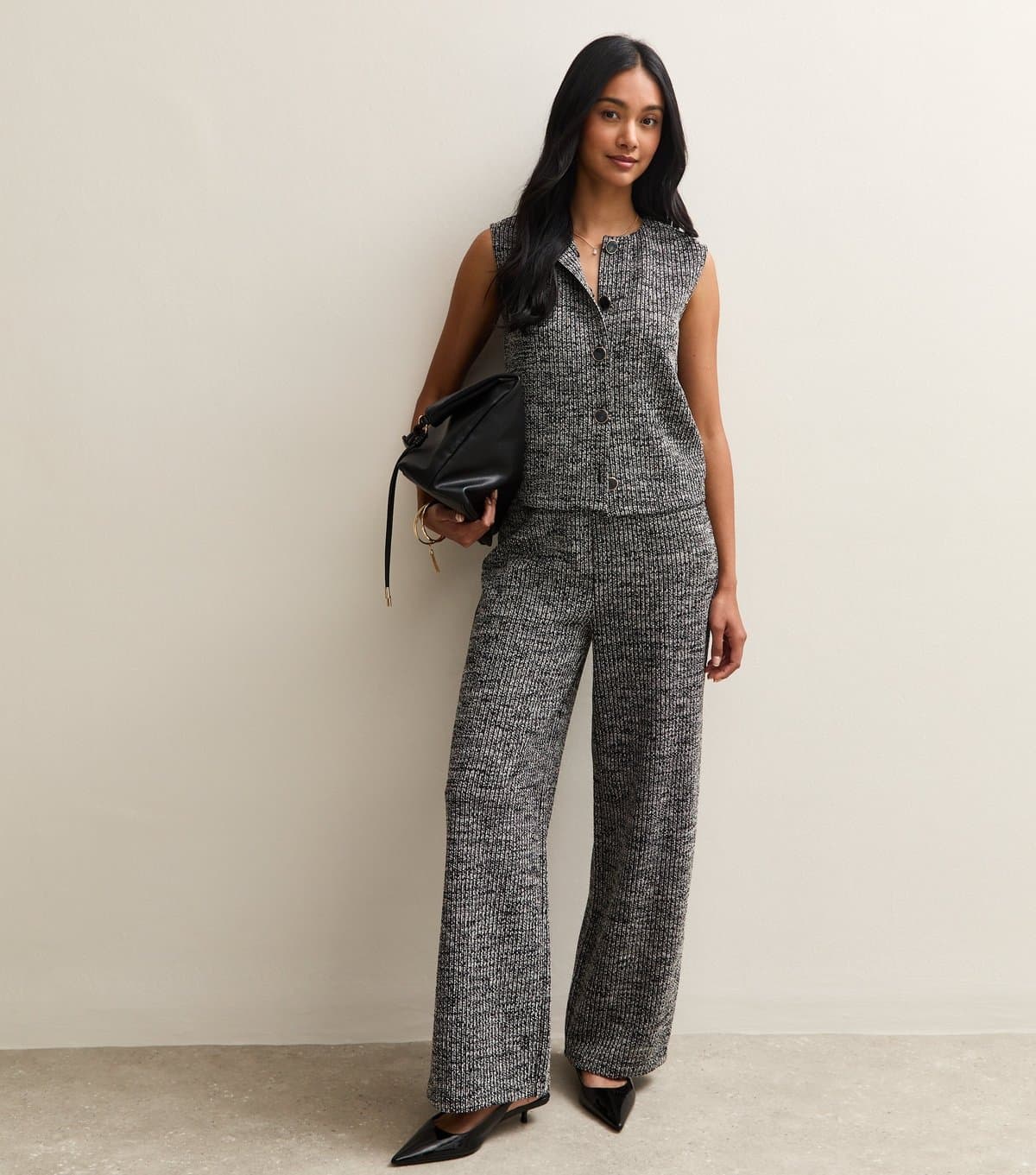 New Look Women's Black Soft Touch Ribbed Knit Wide Leg Trousers New Look