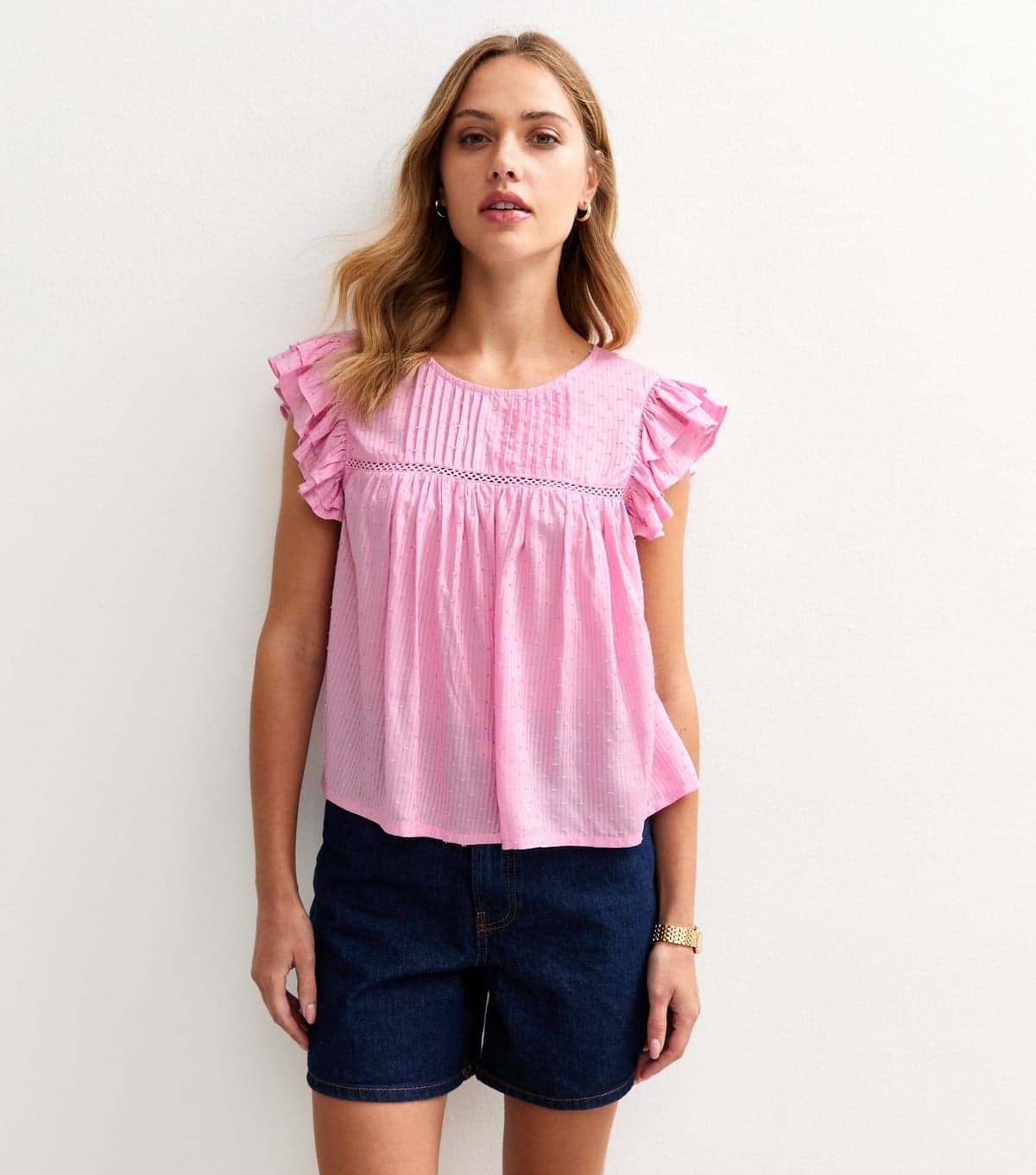 New Look Women's Pink Lace Insert Ruffle Trim Sleeveless Top New Look