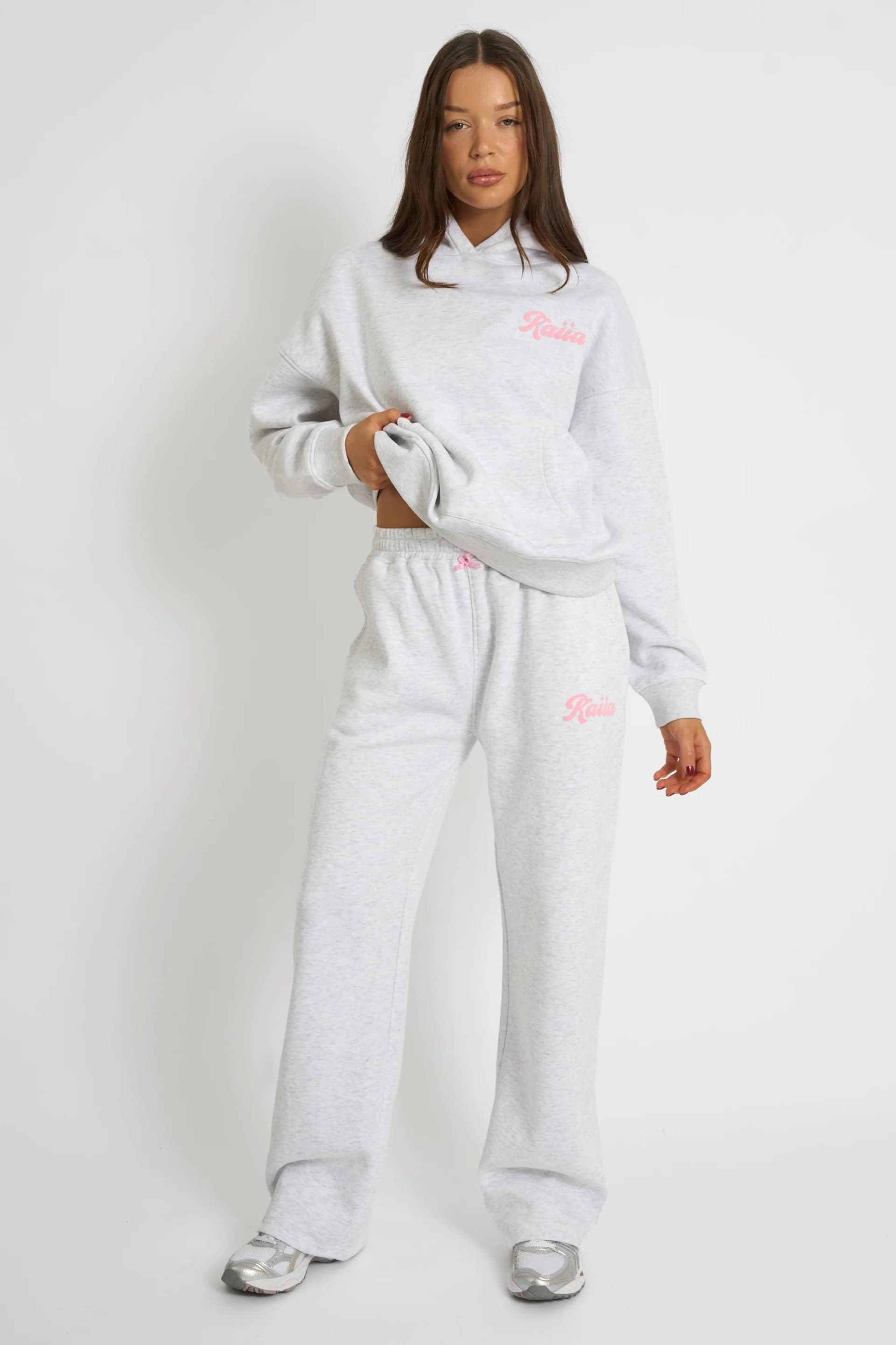Kaiia Kaiia Bubble Script Bow Detail Wide Leg Joggers Grey Marl & Pink