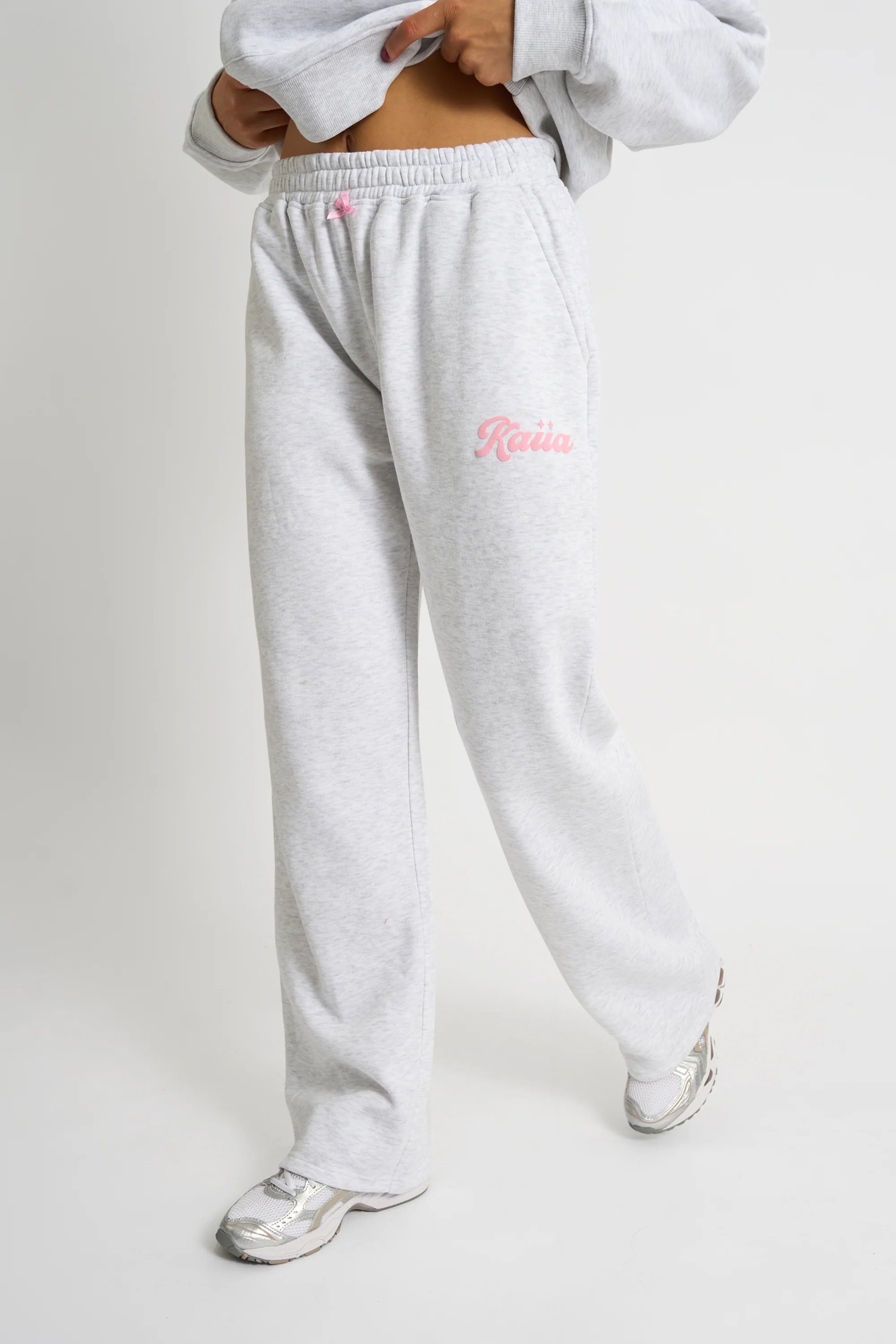 Kaiia Kaiia Bubble Script Bow Detail Wide Leg Joggers Grey Marl & Pink - 2