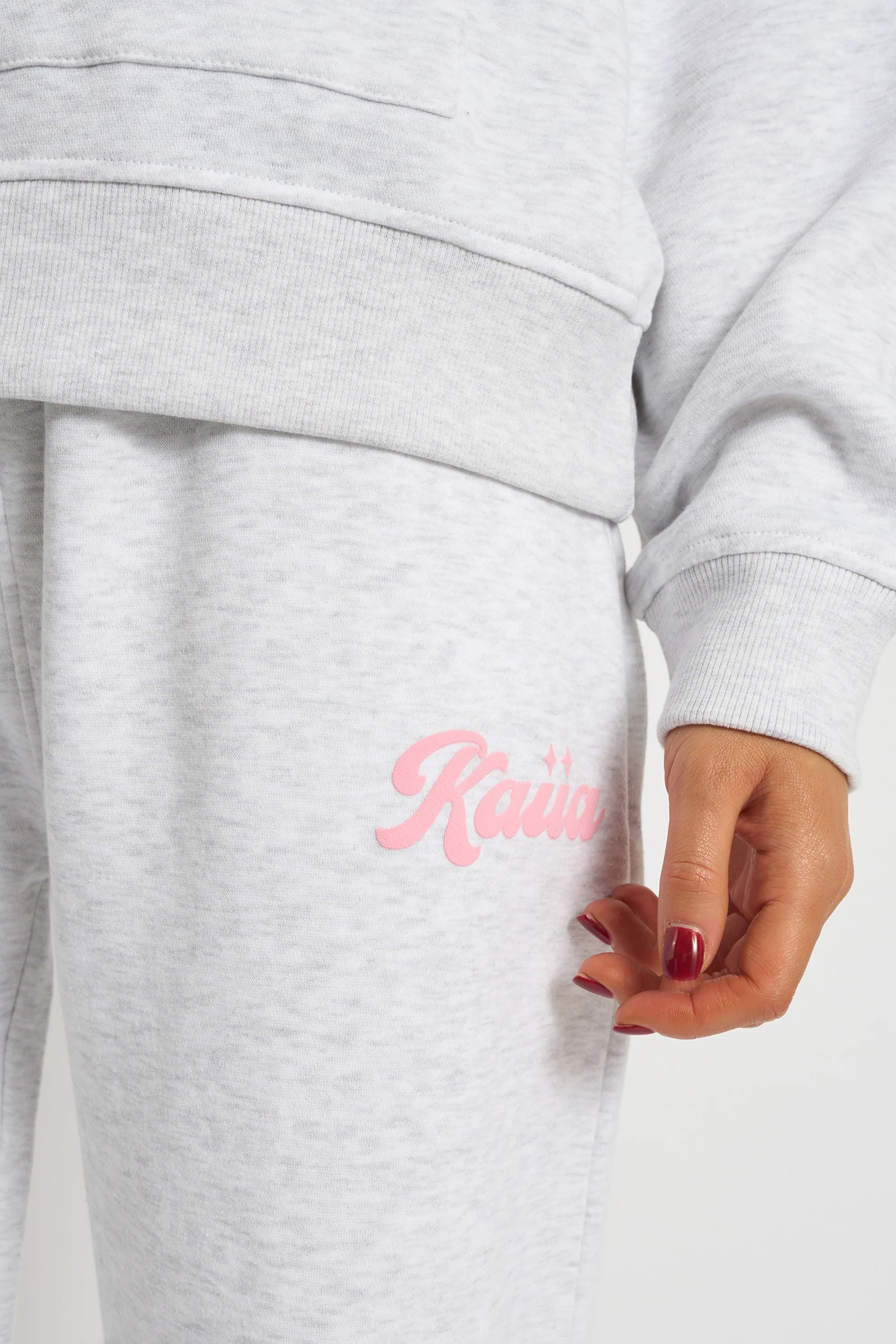 Kaiia Kaiia Bubble Script Bow Detail Wide Leg Joggers Grey Marl & Pink - 4