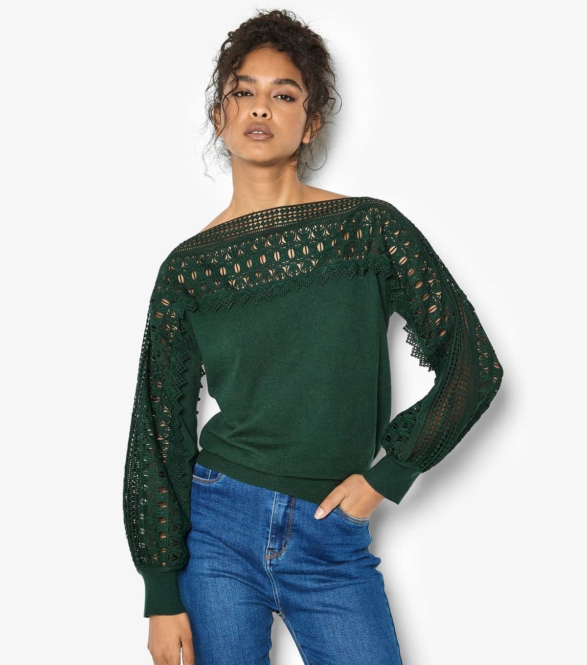 Apricot Women's Dark Green Lace Detail and Sleeve Detail Jumper Apricot New Look