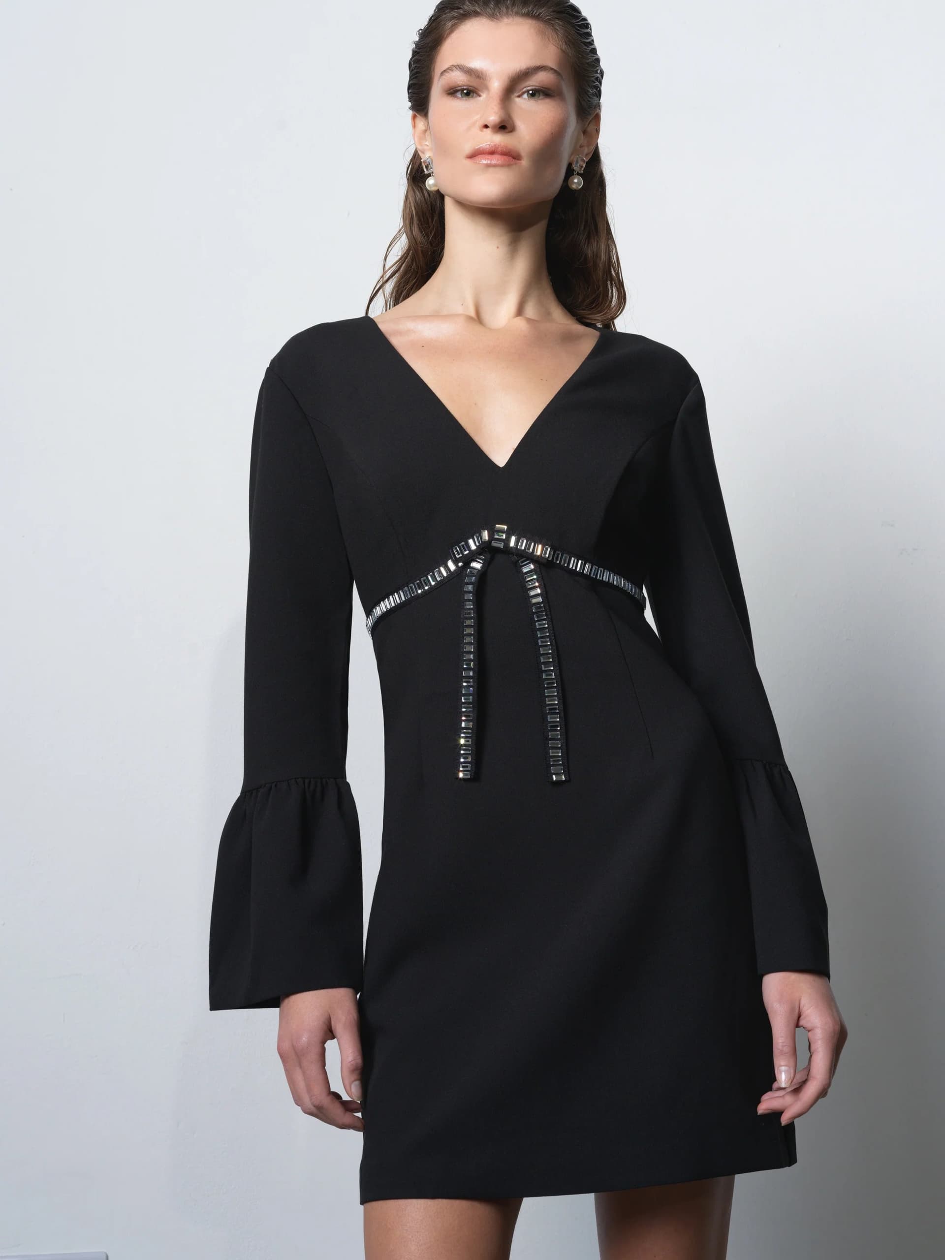 French Connection Azra Twill Diamante Bow Mini Dress Blackout Black