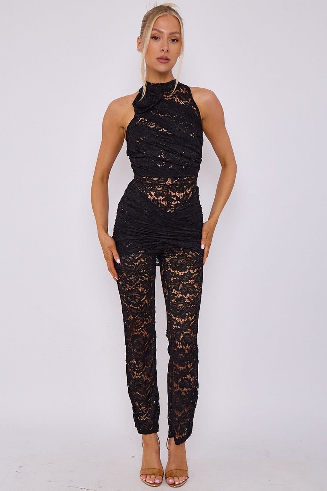 STYLEWISE STYLEWISE Women's Wrap Around Floral Lace Detail - Bodycon Flared - Jumpsuit in Black