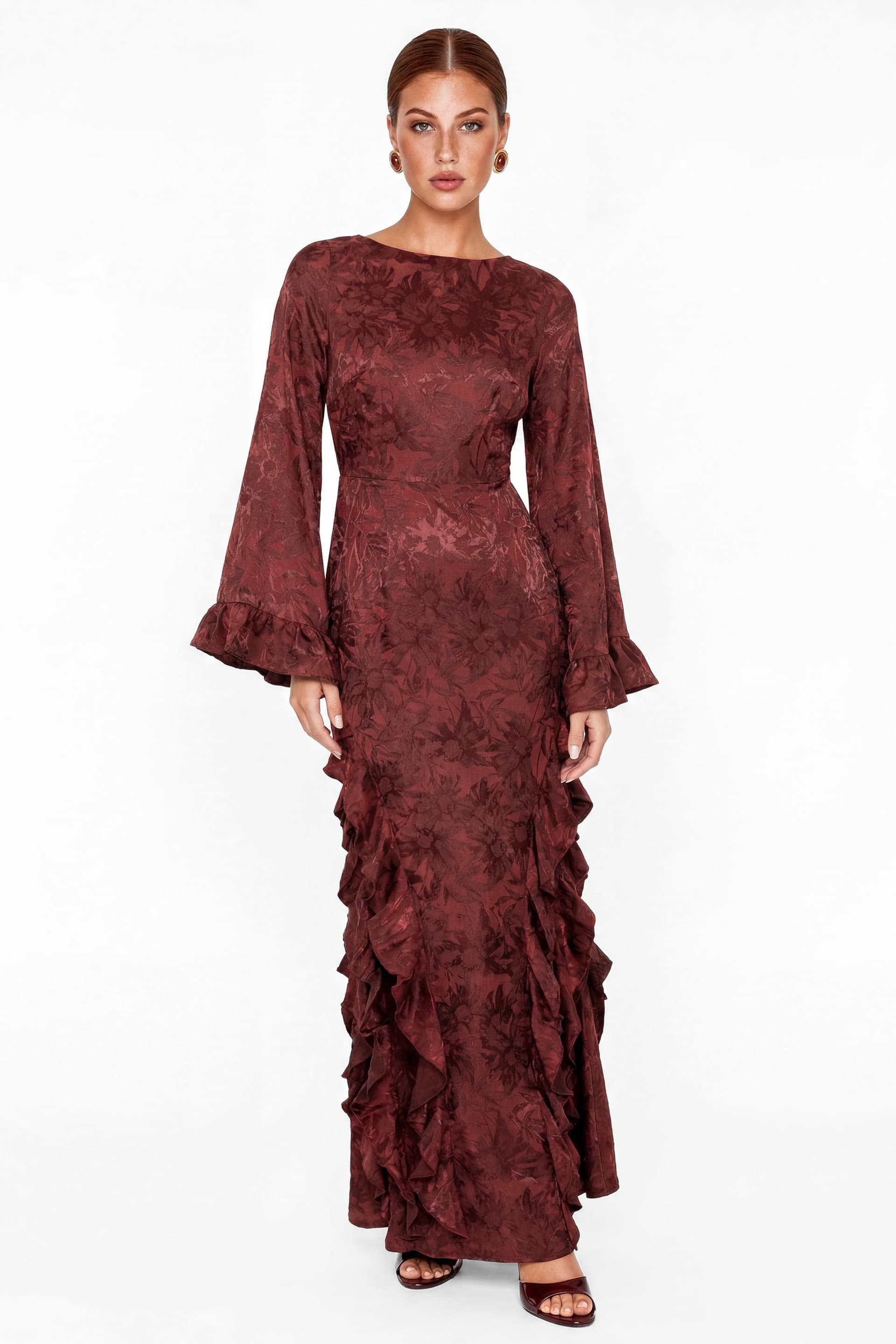 Maya Deluxe Maya Deluxe Women's Floral Jacquard Waterfall Ruffle Satin Maxi Dress in Dark Red